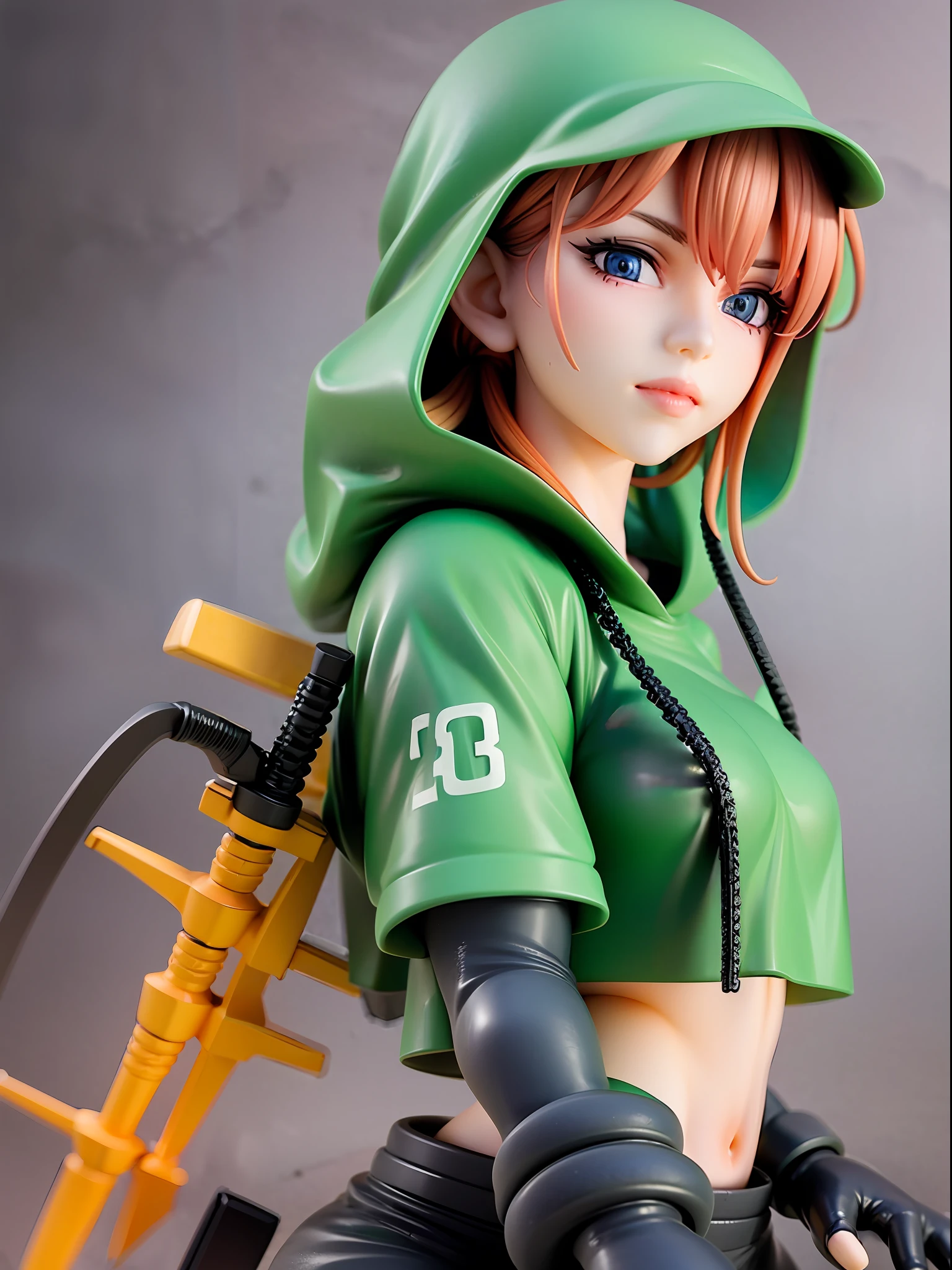 Girl, wearing a hood, neon color, holding a weapon, machine, white background, no background, colorful