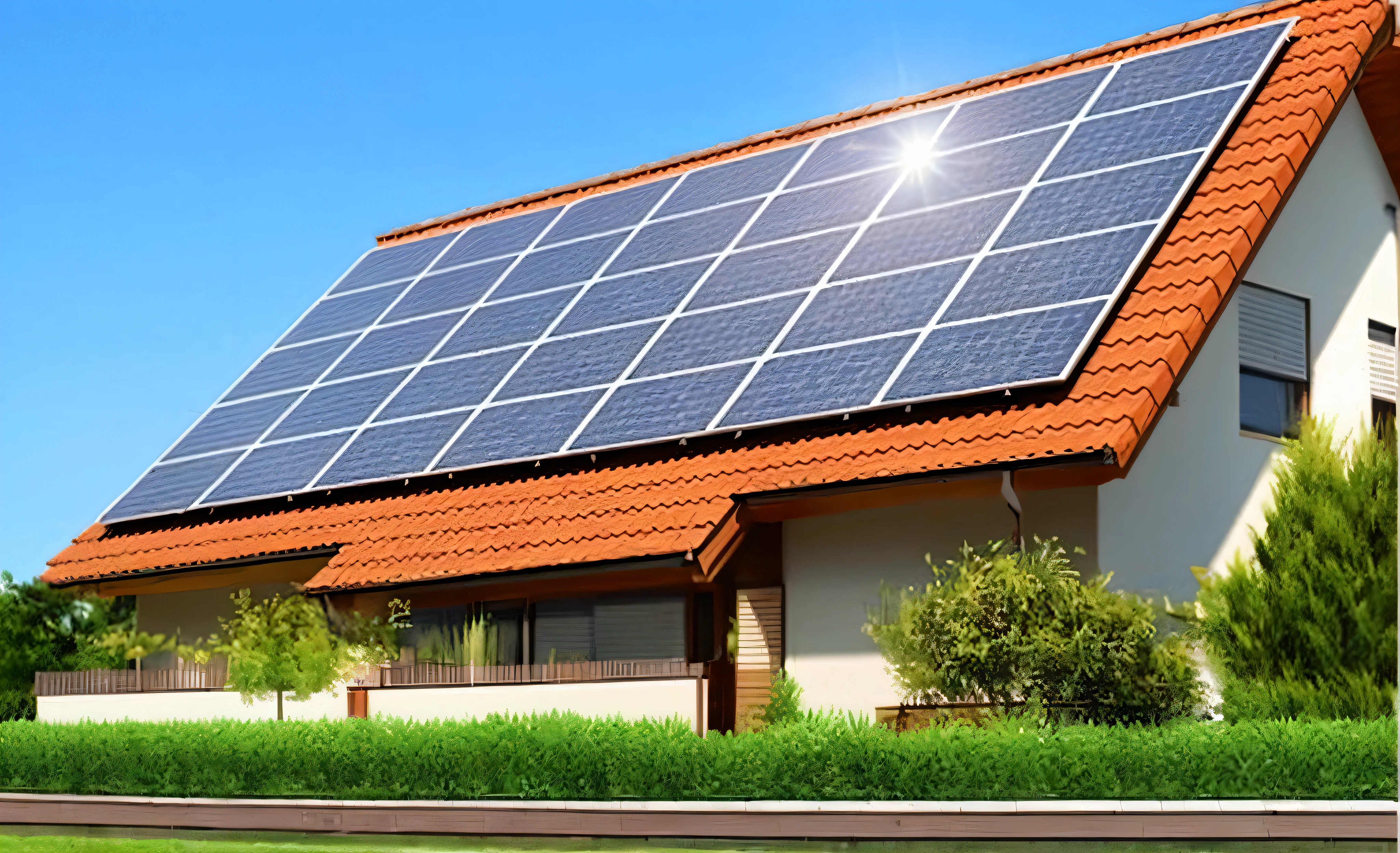 a house with solar panels on the roof and a red tiled roof, rooftop solar panels, solar power, solar panels, solar powered, solar, by Xul Solar, renewable energy, covered solar system, roof with vegetation, profile pic, sun is shining, passive house, the sun is shining, very sunny weather, green energy, sunny day time, sunny environment