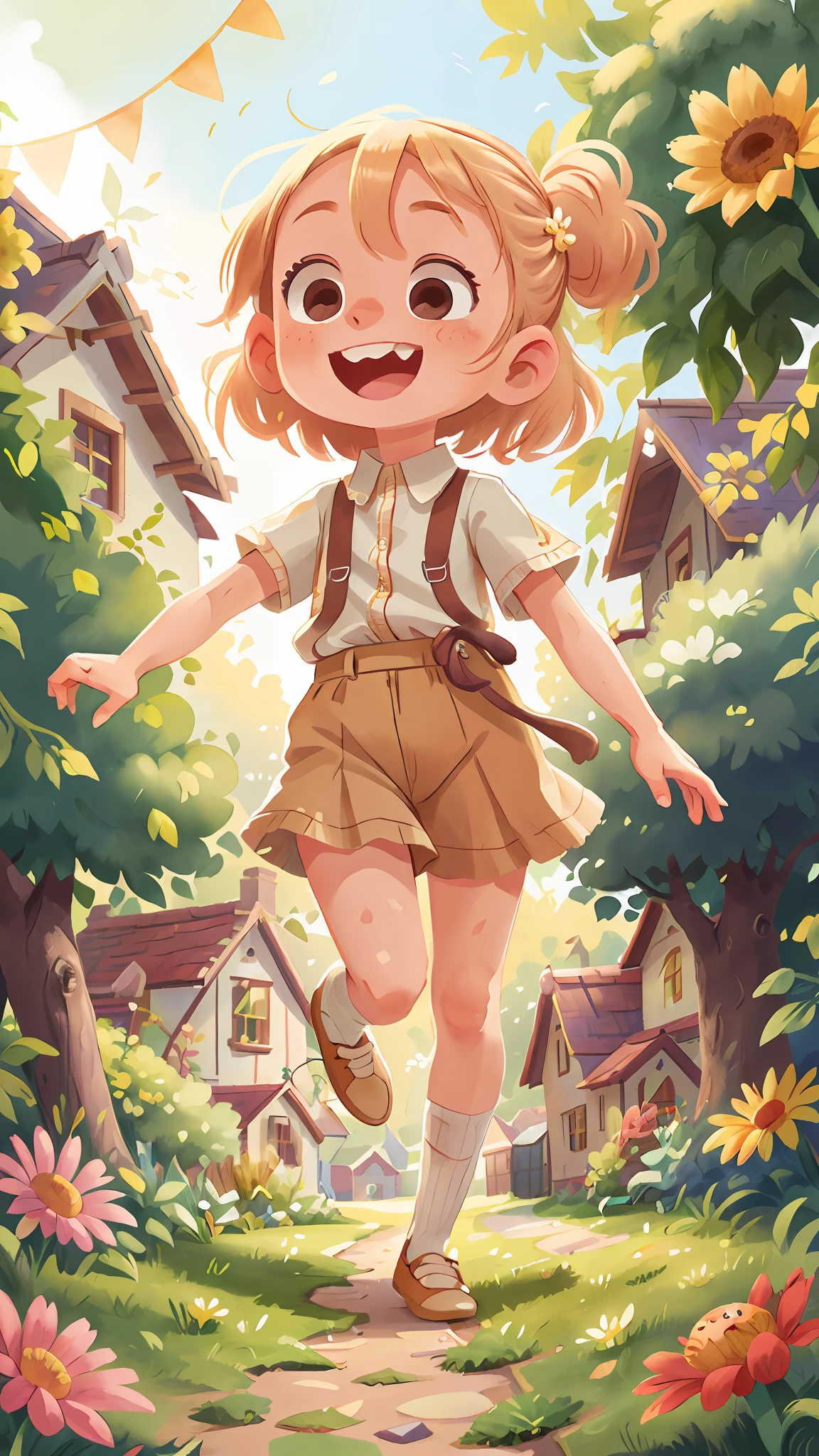 Watercolour. Blonde girl, smiling, very cheerful, running through the garden, wearing gardener and white blouse, front view, full body, the background is a beautiful and cozy house in the countryside, garden with flowers, sunny, perfect quality, (mess-house: 0.8), (masterpiece: 1.2) (Realistic: 1.2) (Bokeh) (Best quality) (Detailed Skin: 1.3) (Intricate Details) (8K) (Detail Eyes) (Sharp Focus), (Unhappy)