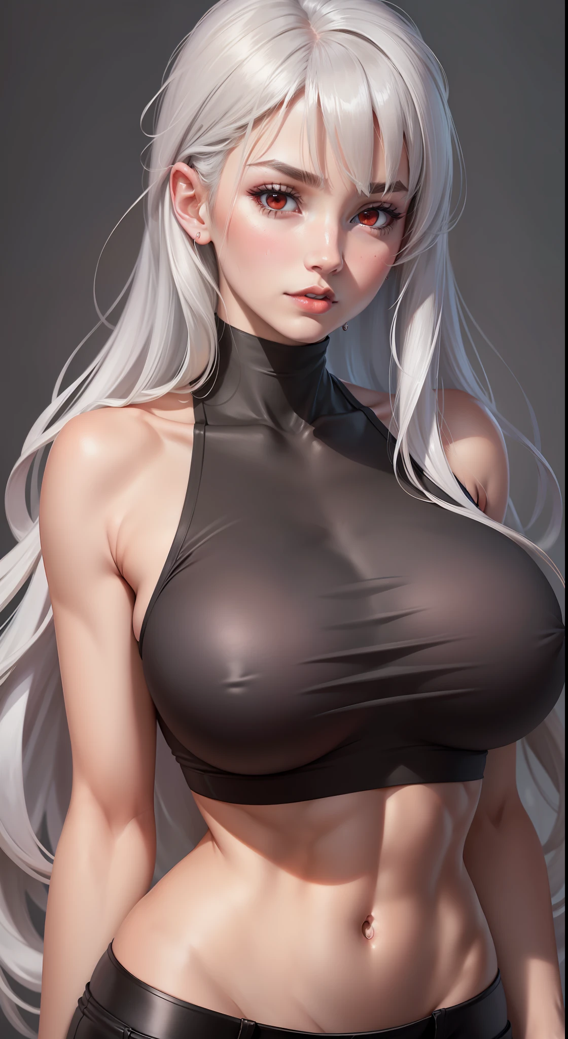 girl, bangs, bare shoulders, black pants, breasts, breasts squeezed together, gray background, hair between eyes, long hair, view viewer, pants, parted lips, red eyes, shirt, simple background, sleeveless, sleeveless shirt, solo, turtleneck, V-arms, gray hair, (shiny skin), (masterpiece: 1.4), (best quality: 1.4), ,,, Facigirl, red lips, perfect abs, navel, (:1.5), (transparent areola), , huge, sweat, You have to make sure that it is not inappropriate for children and can be displayed