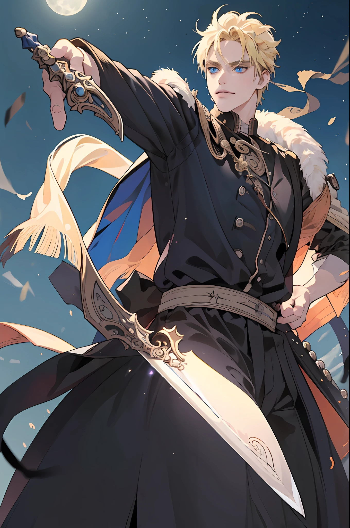 Masterpiece, Best Quality, Night, Full Moon, 1 Man, Mature Man, western Style, victorian male outfit, king, Blonde Hair, Blue Eyes, short Hair, Handsome, Handsome, Masculine, Smirk, Gentle, Tall, Calm, Black Clothing, Prince, (((Wielding Sword))), naruto uzumaki