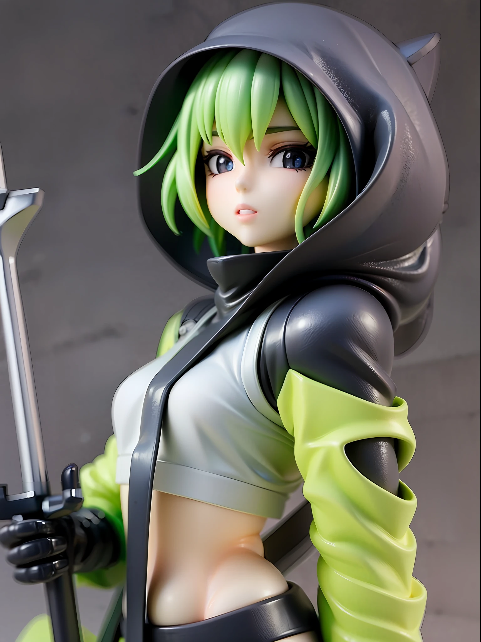 Girl, wearing a hood, neon color, holding a weapon, machine, white background, no background, colorful