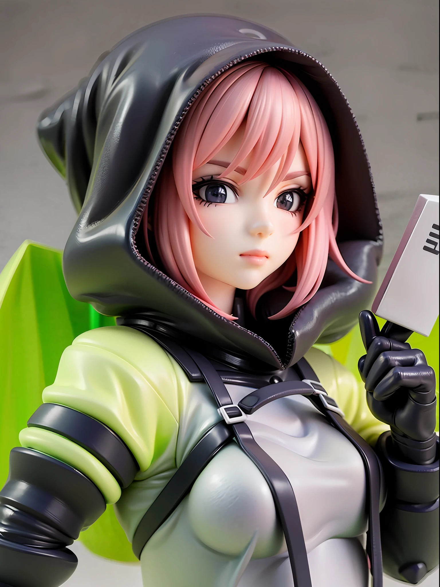 Girl, wearing a hood, neon color, holding a weapon, machine, white background, no background, colorful