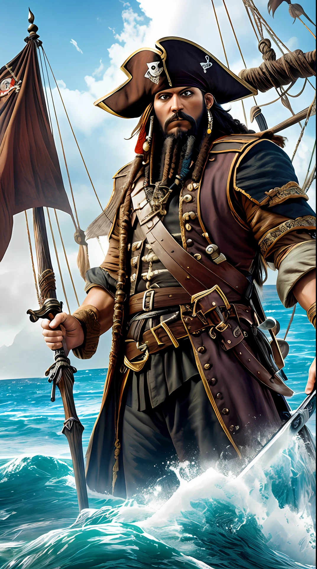 A cruel pirate, known as Blackbeard, with large black beards, masterfully wields his sword on his pirate ship on the high seas. Their eyes fixate on the viewer with an intimidating gaze, while the accompanying ocean waves and stormy skies in the background add a mood of imminent danger. The image is a realistic and detailed photo, capturing the smallest details of the pirate's fierce expression. --auto --s2