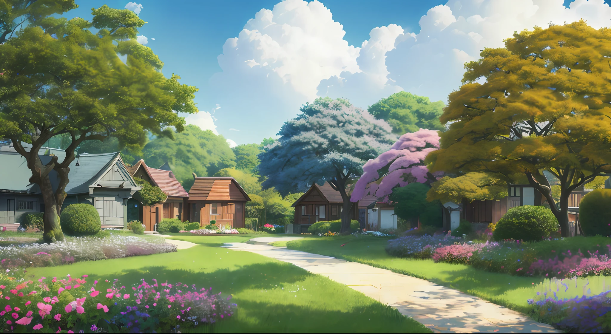masterpiece,best quality,official art,extremely detailed CG unity 8k wallpaper,outdoors, animal, spring \(season\), cloudy sky,studio ghibli, garden,village,