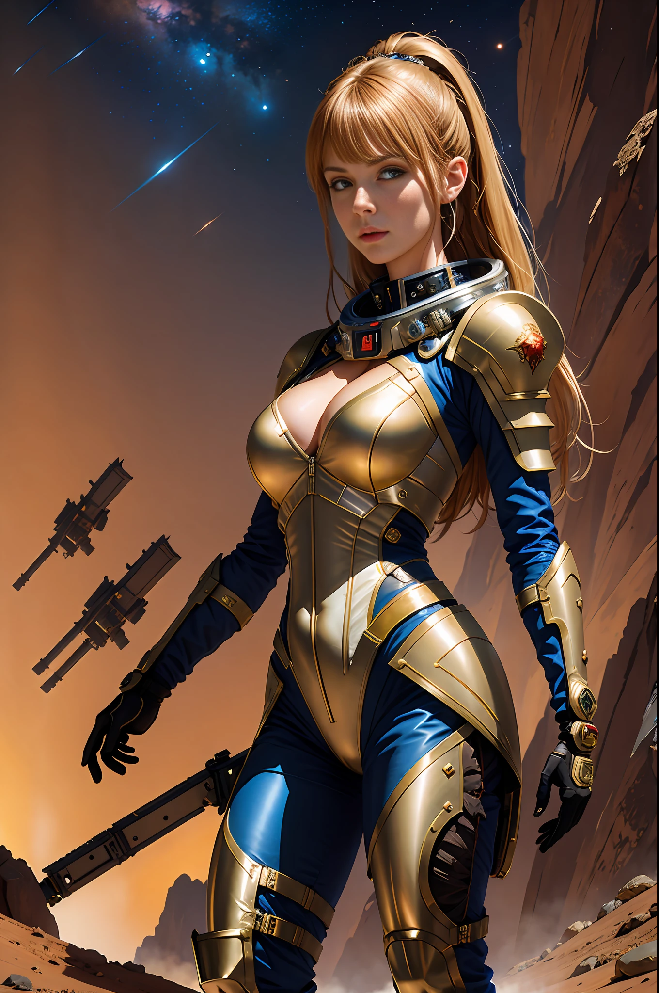 Female face, female, dressed in scifi military uniform and armor, intricate, elegant, highly detailed, digital painting, artstation, concept art, soft and sharp focus, illustration, art by H R Giger and Greg Rutkowski and Alphonse Mucha, beautiful dramatic lighting, space, Mars