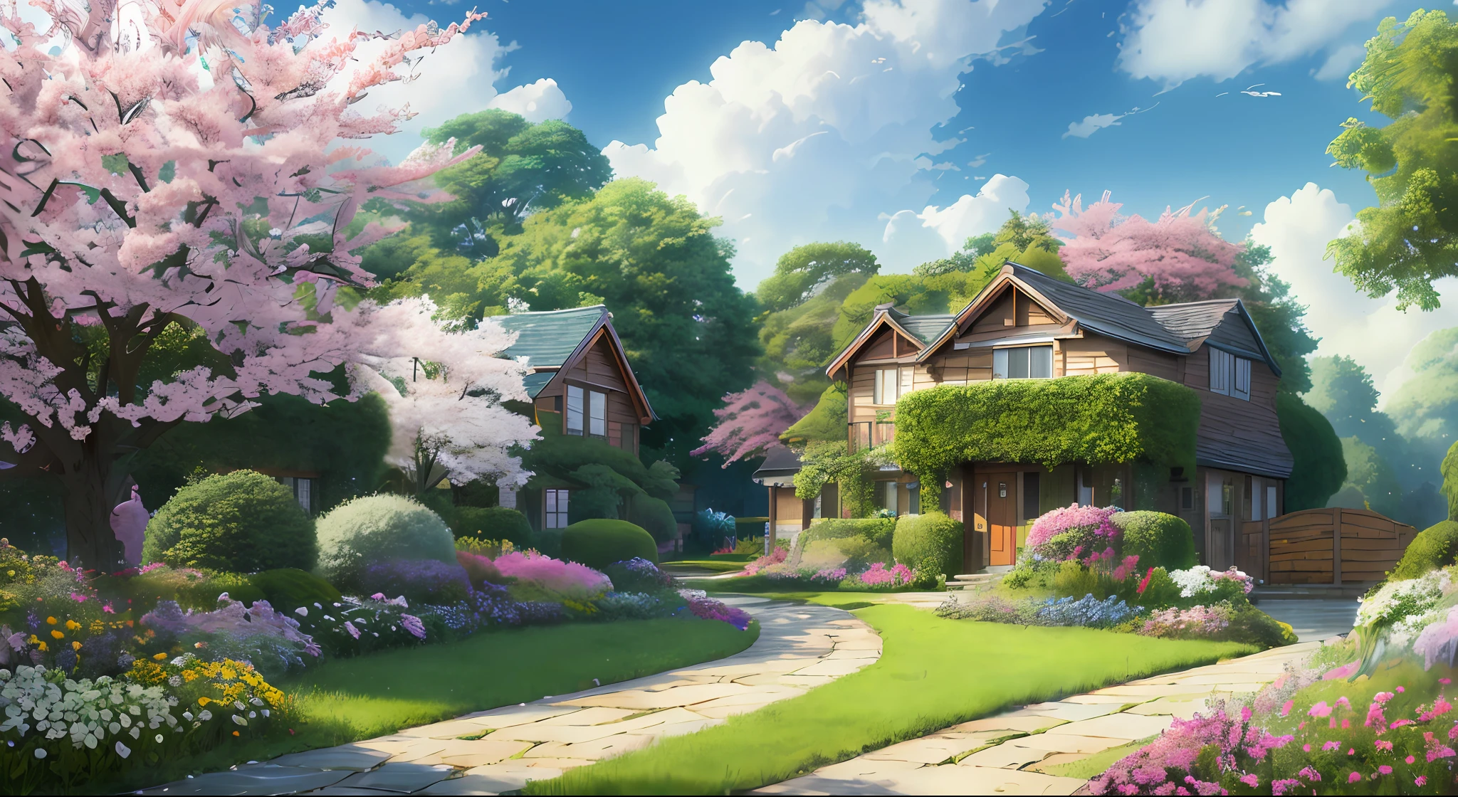 masterpiece,best quality,official art,extremely detailed CG unity 8k wallpaper,outdoors, animal, spring \(season\), cloudy sky,studio ghibli, garden,village,