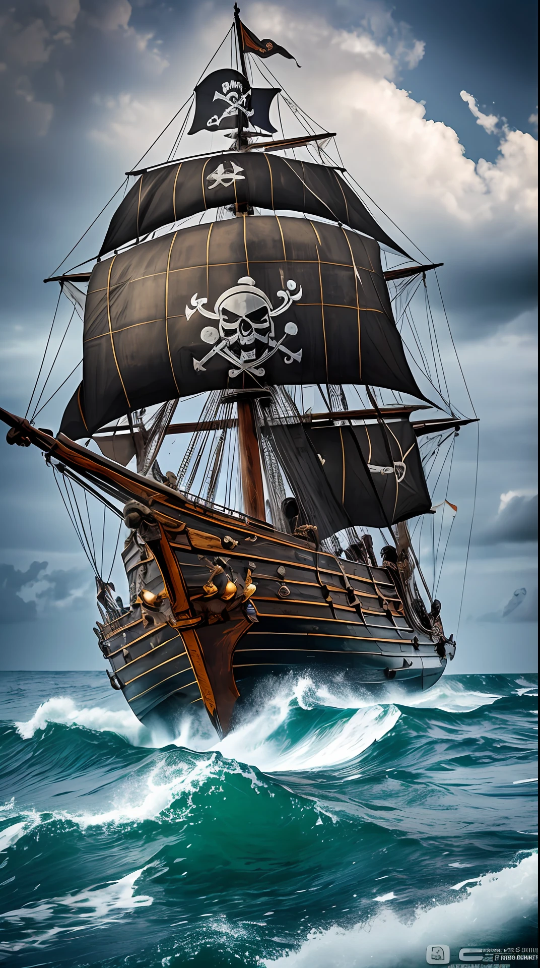 A cruel pirate, known as Blackbeard, with large black beards, masterfully wields his sword on his pirate ship on the high seas. Their eyes fixate on the viewer with an intimidating gaze, while the accompanying ocean waves and stormy skies in the background add a mood of imminent danger. The image is a realistic and detailed photo, capturing the smallest details of the pirate's fierce expression. --auto --s2