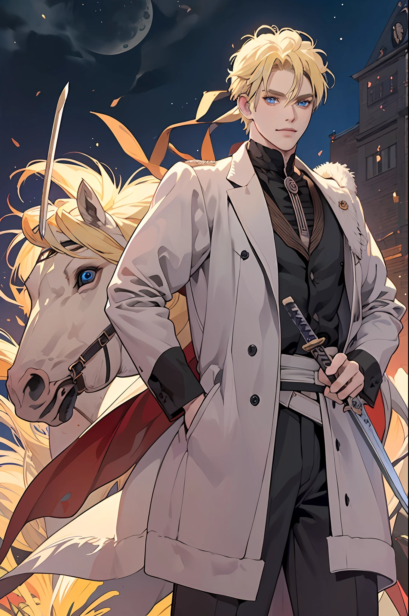 Masterpiece, Best Quality, Night, Full Moon, 1 Man, Mature Man, western Style, victorian male outfit, king, Blonde Hair, Blue Eyes, short Hair, Handsome, Handsome, Masculine, Smirk, Gentle, Tall, Calm, Black Clothing, Prince, (((hold Sword))), naruto uzumaki