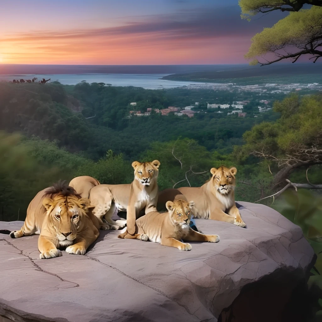 guttonerdvision5, (((a 3--old ))) wearing glasses, playing in the middle of a family of lions with the male lion, the female lioness, and the cuddly cubs. Scene on top of a rock, with air of fun, realistic, ultra detailed, reddish sky of the sunset.