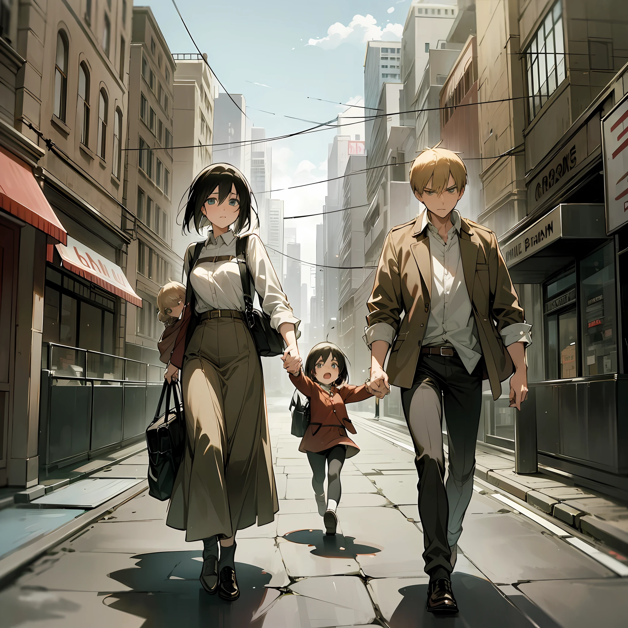 Mikasa Ackerman and Jean Kirstein walking together hand in hand in the city with their baby in the stroller. last chapters of Attack on Titan. Create the scenario couple, Mikasa Ackerman and Jean Kirstein strolling in the city, anime style Attack on Titan