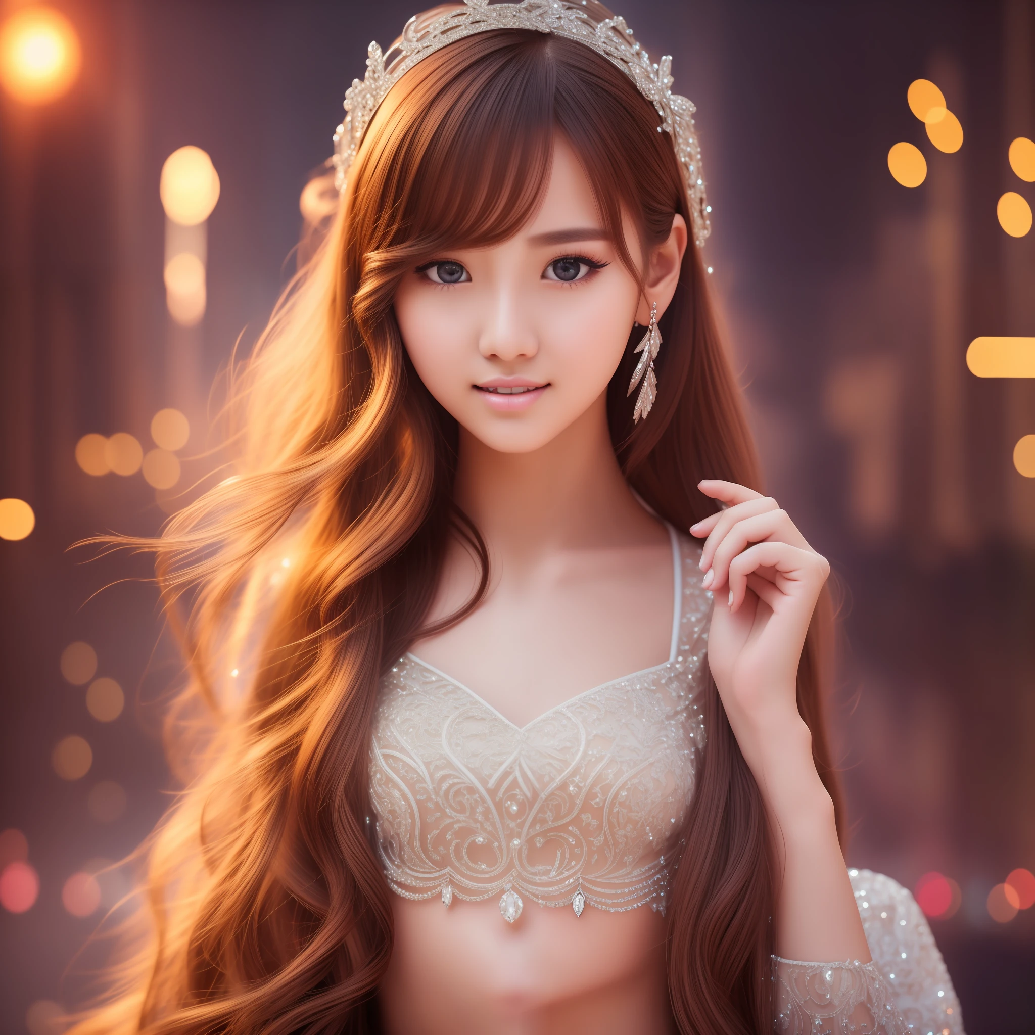 1girl, (K-pop dance idol), (RAW photo, best quality), (realistic, photorealistic: 1.4), masterpiece, very delicate and beautiful, highly detailed, 2k wallpaper, amazing, detailed, Highly detailed CG uniformity 8k wallpaper, ultra detailed, high definition, soft light, beautiful detailed girl, highly detailed eyes and face, beautiful detailed nose, beautiful detailed eyes, cinematic lighting, night city lights, smiles