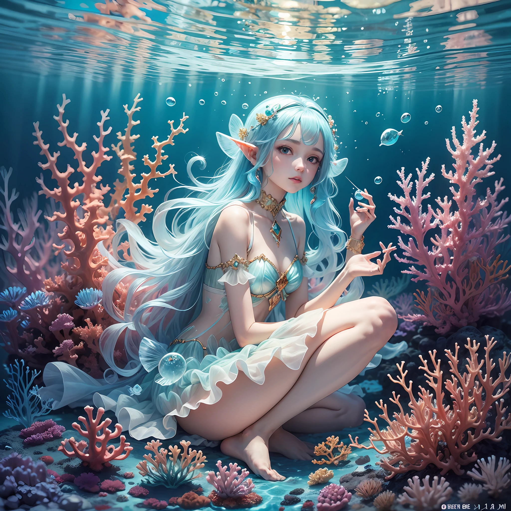 Crystal clear ocean seabed, coral + jellyfish + algae: 1.2, (all kinds of crystal colorful transparent fish: 1.2+ transparent fish), floating, small spherical golden transparent elf, 18-year-old girl with powder-blue hair planting coral. --auto --s2