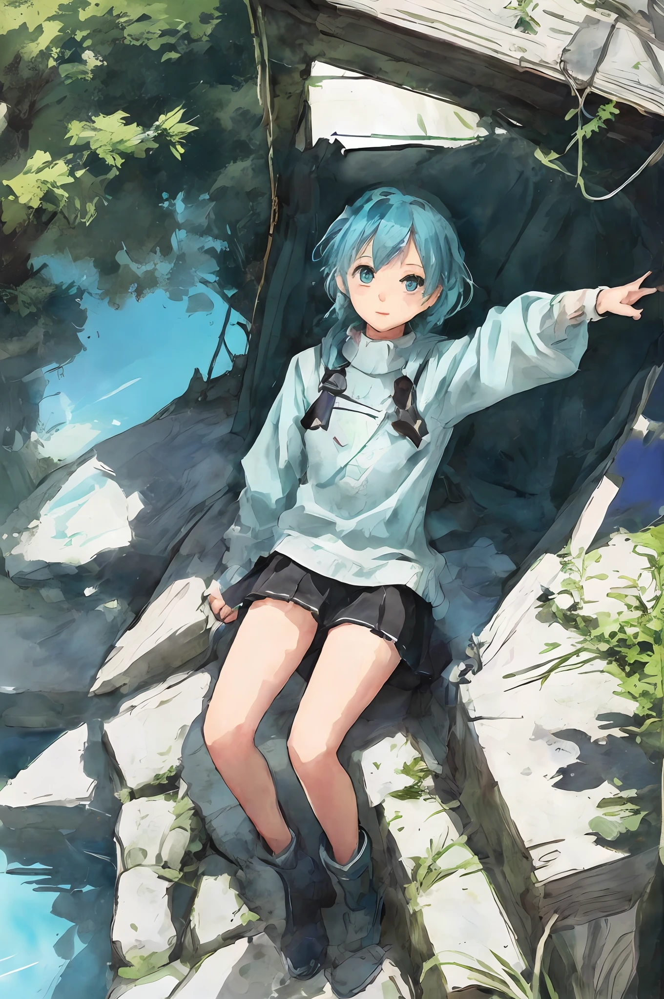 anime girl sitting on steps with her arms outstretched out, anime girl with teal hair, anime style 4 k, high quality anime artstyle, mikudayo, official artwork, kantai collection style, artwork in the style of guweiz, trending on artstation pixiv, anime moe artstyle, official art, painted in anime painter studio, anime styled digital art