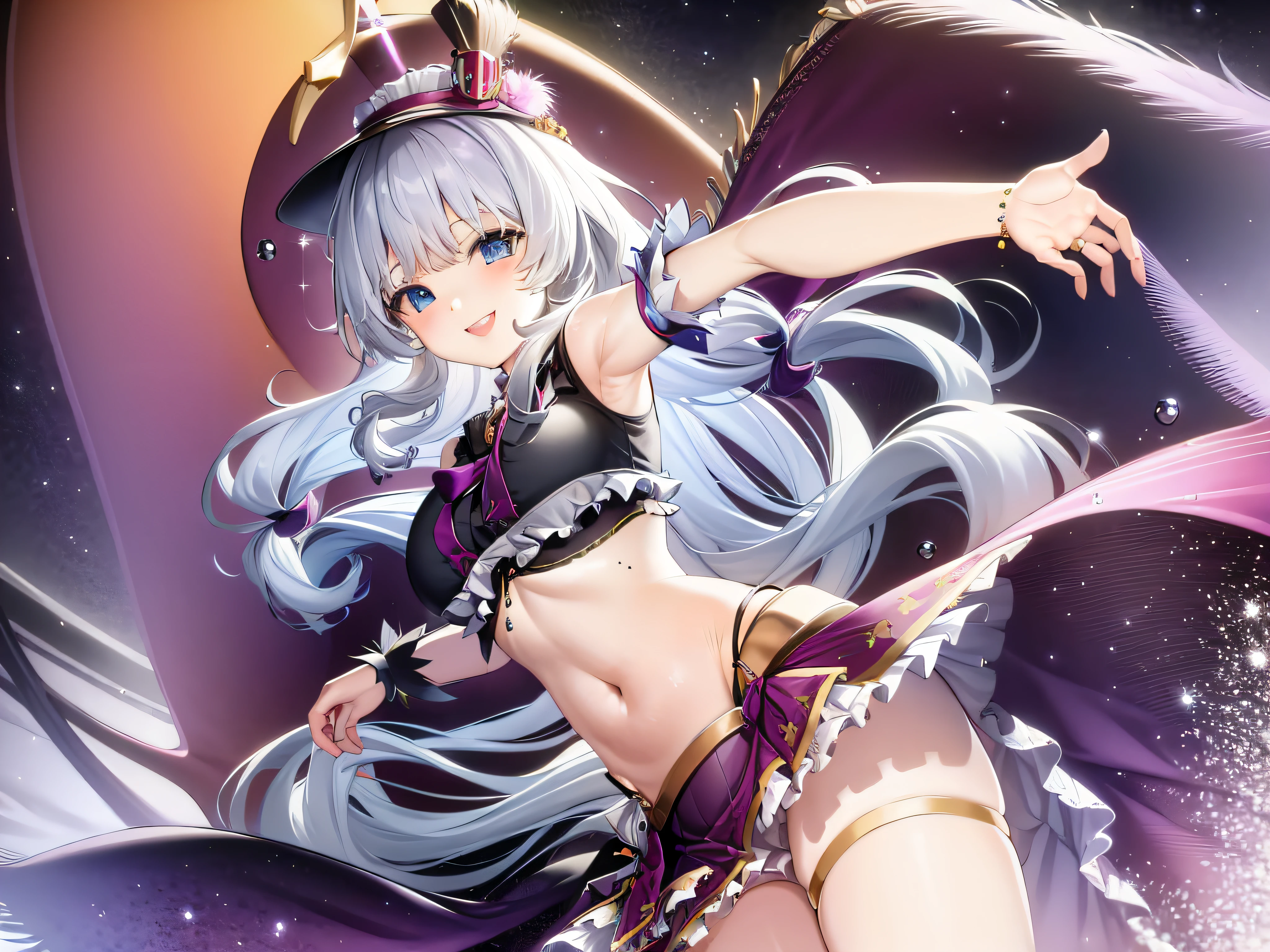 masterpiece, best quality, solo, stella unibell, navel, smile face, big breasts, skirt,