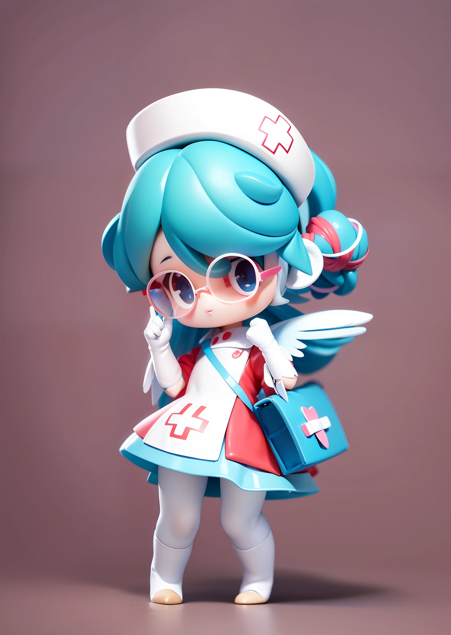 (digital painting), (C4D), delicate material, a doll of a girl in a nurse's hat, light blue hair, white skirt, chicken mouth, with a frame, white feathers on the face and arms, white wings on the back, carrying a white nurse bag, the overall color scheme is white,
