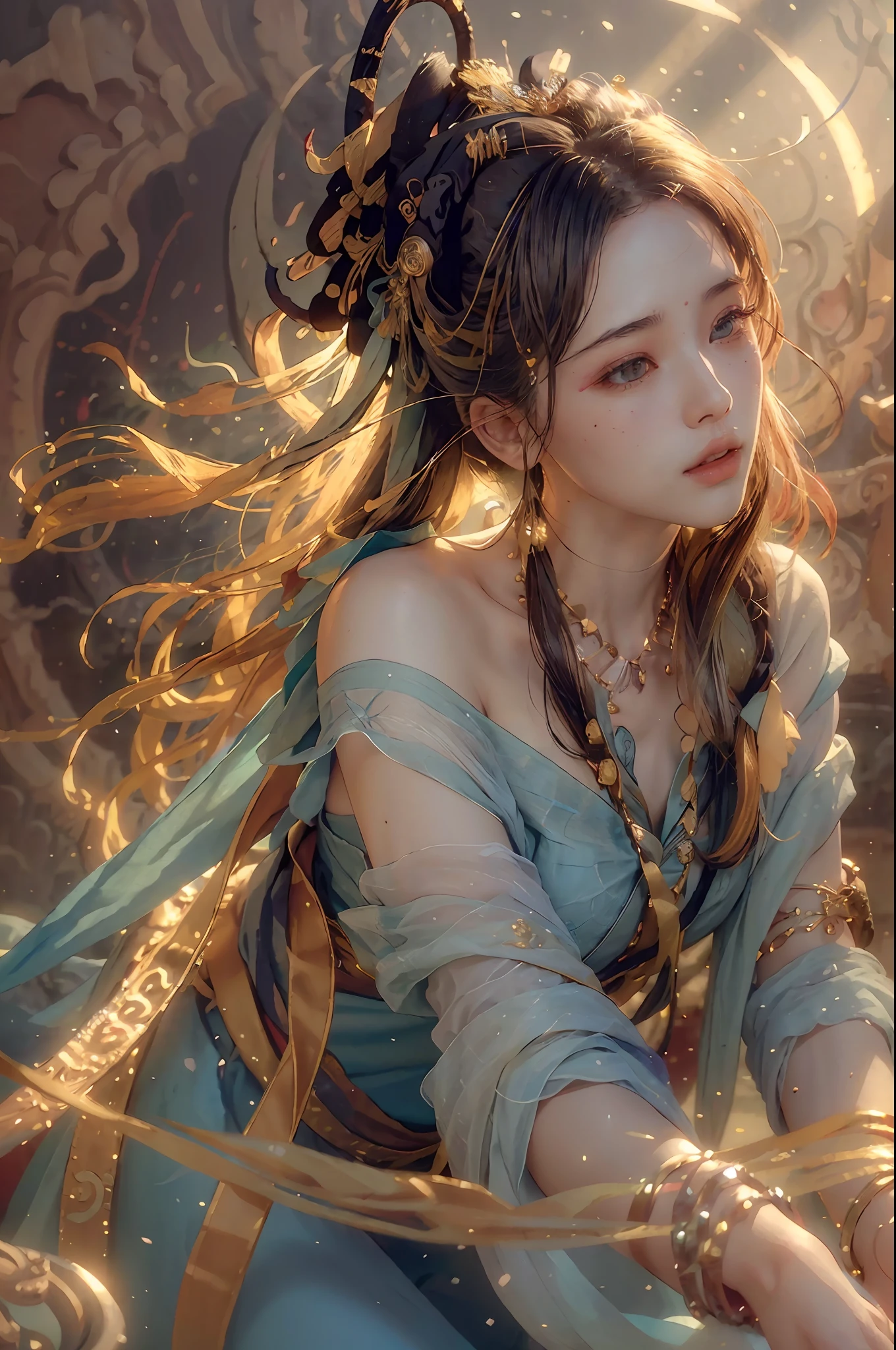 (RAW photo, best quality), (realistic, photo-realistic:1.3),best quality,highly detailed,masterpiece,ultra-detailed,illustration,1girl,upper_body,dynamic angle,world masterpiece theater,messy_long_hair,best quality,extremely detailed CG unity 8k wallpaper,ink,Amazing,cinematic lighting,lens_flare,,dunhuang_style