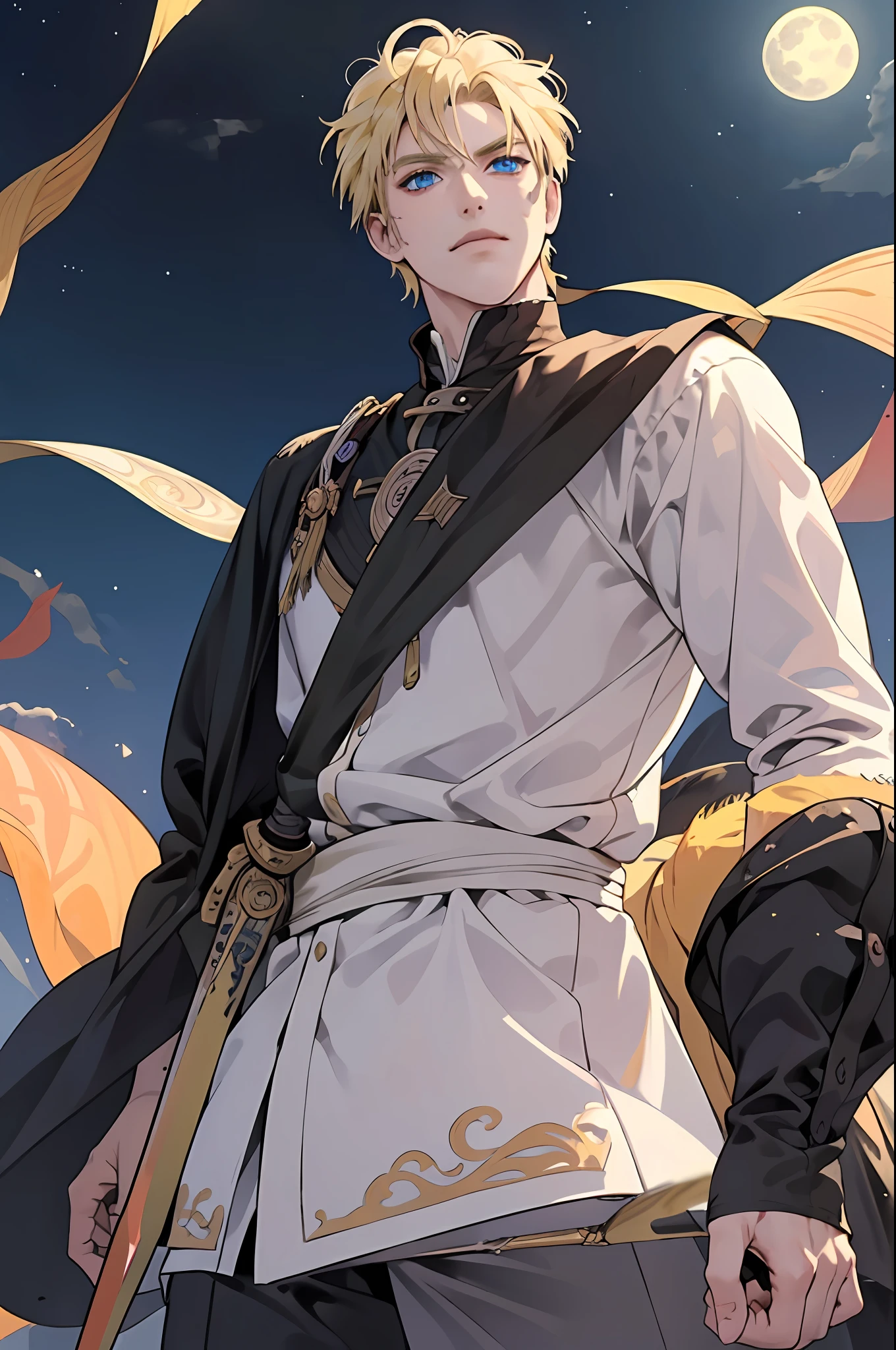 Masterpiece, Best Quality, Night, Full Moon, 1 Man, Mature Man, western Style, victorian male outfit, king, Blonde Hair, Blue Eyes, short Hair, Handsome, Handsome, Masculine, Smirk, Gentle, Tall, Calm, Black Clothing, Prince, (((hold Sword))), naruto uzumaki