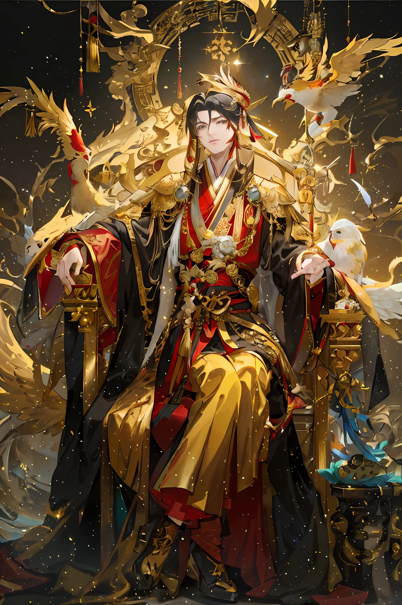 ((Phantom God Double Repair: 1.5, Arafad Man, Middle Distance, Throne, Yellow God Image: 1.5, Golden Robe, Yang J, Hirase Jinyao)), Best image quality, Super detailed picture, High definition, G-Liulian's Chimera style