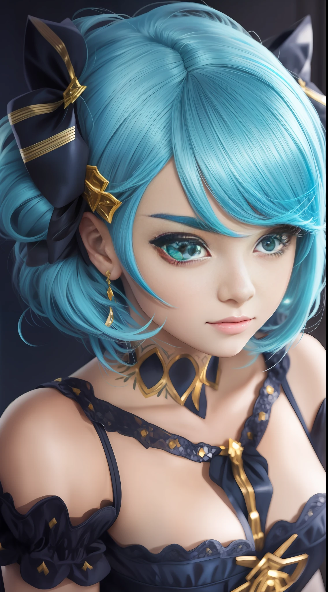 (medium head) perfect face, Beautiful face, extremely detailed eyes, beautiful eyes, medium eyes, portrait, anime girl, sexy pose, kneeling, solo, 1girl, short wavy hair, angry look, smile, drill hair, gwen, blue hair, best quality, masterpiece, white dress, hair ornament, bow, lying down, gloves, black tights, perfect lighting,