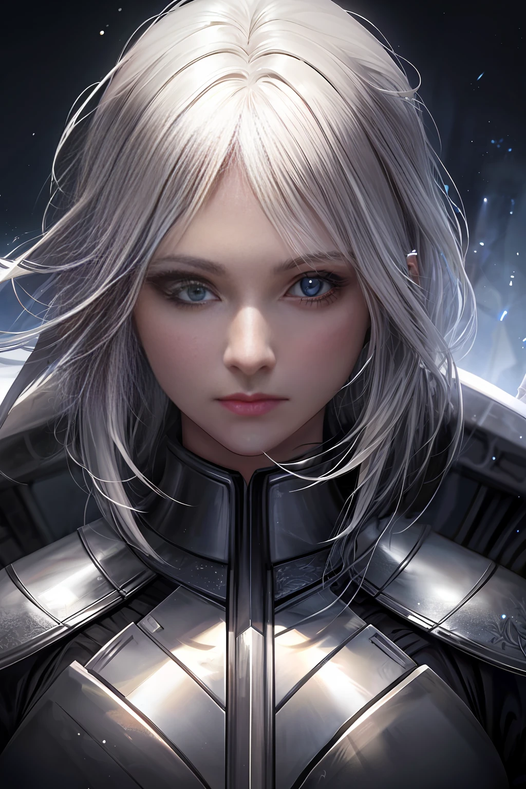 A woman in her 20s, perfect face, white hair, wearing armor, with a sword on her back, ultra realistic 4k, award-winning digital art, (extremely detailed: 1.5), (soft lighting:1.2)