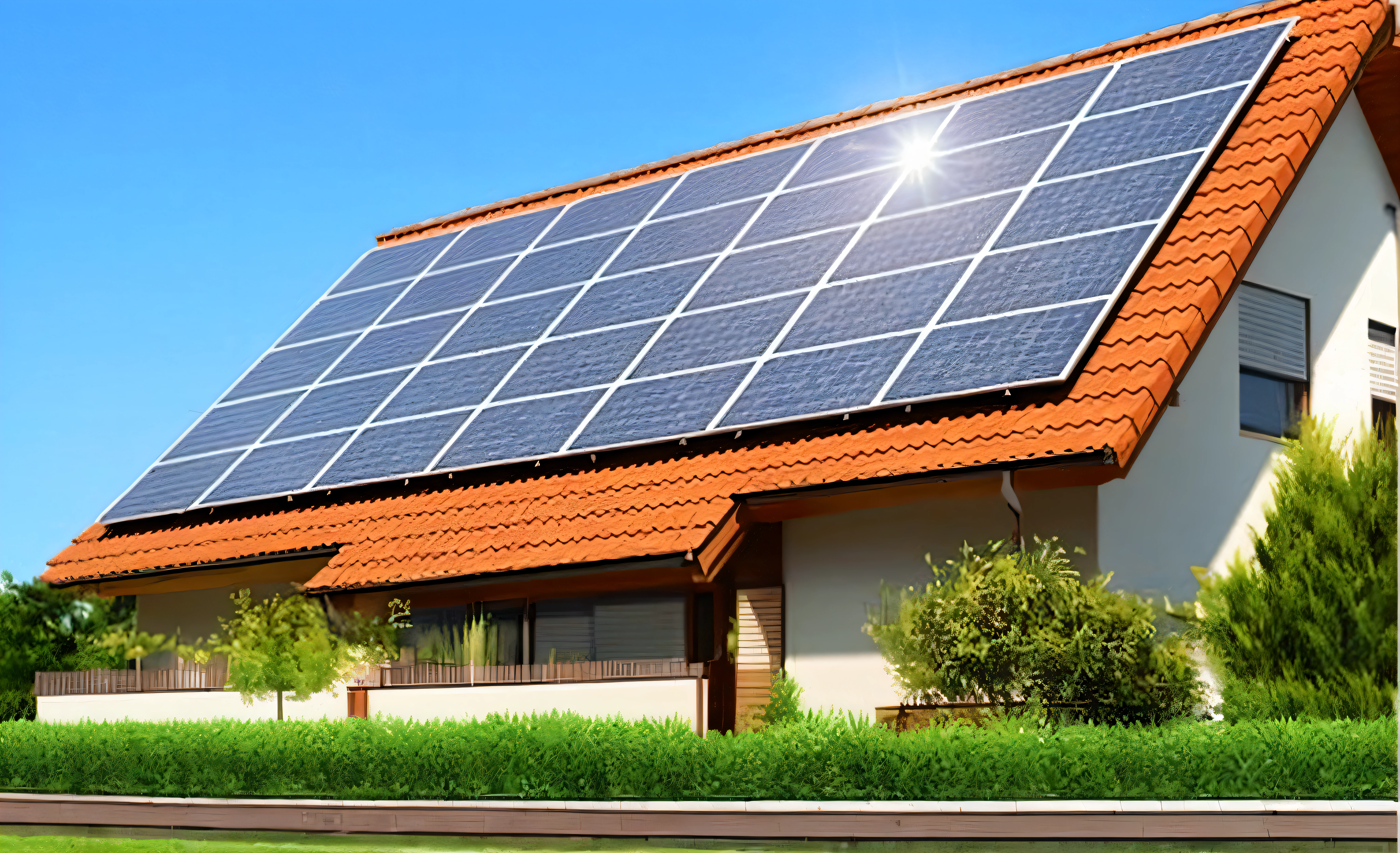 a house with solar panels on the roof and a red tiled roof, rooftop solar panels, solar power, solar panels, solar powered, solar, by Xul Solar, renewable energy, covered solar system, roof with vegetation, profile pic, sun is shining, passive house, the sun is shining, very sunny weather, green energy, sunny day time, sunny environment