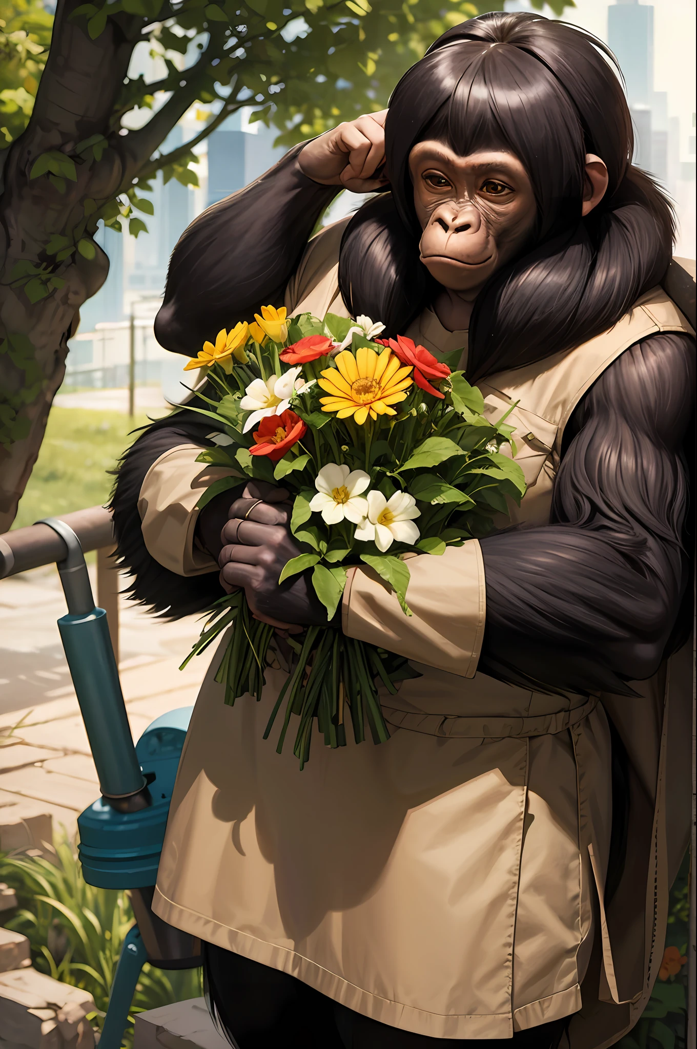 Masterpiece, best quality, realistic , thick monkey, female gorilla, orangutan head, blur, cable, flower picking in the wild, cyberpunk, wearing a long wig and clothes, flowers in hand, solo,