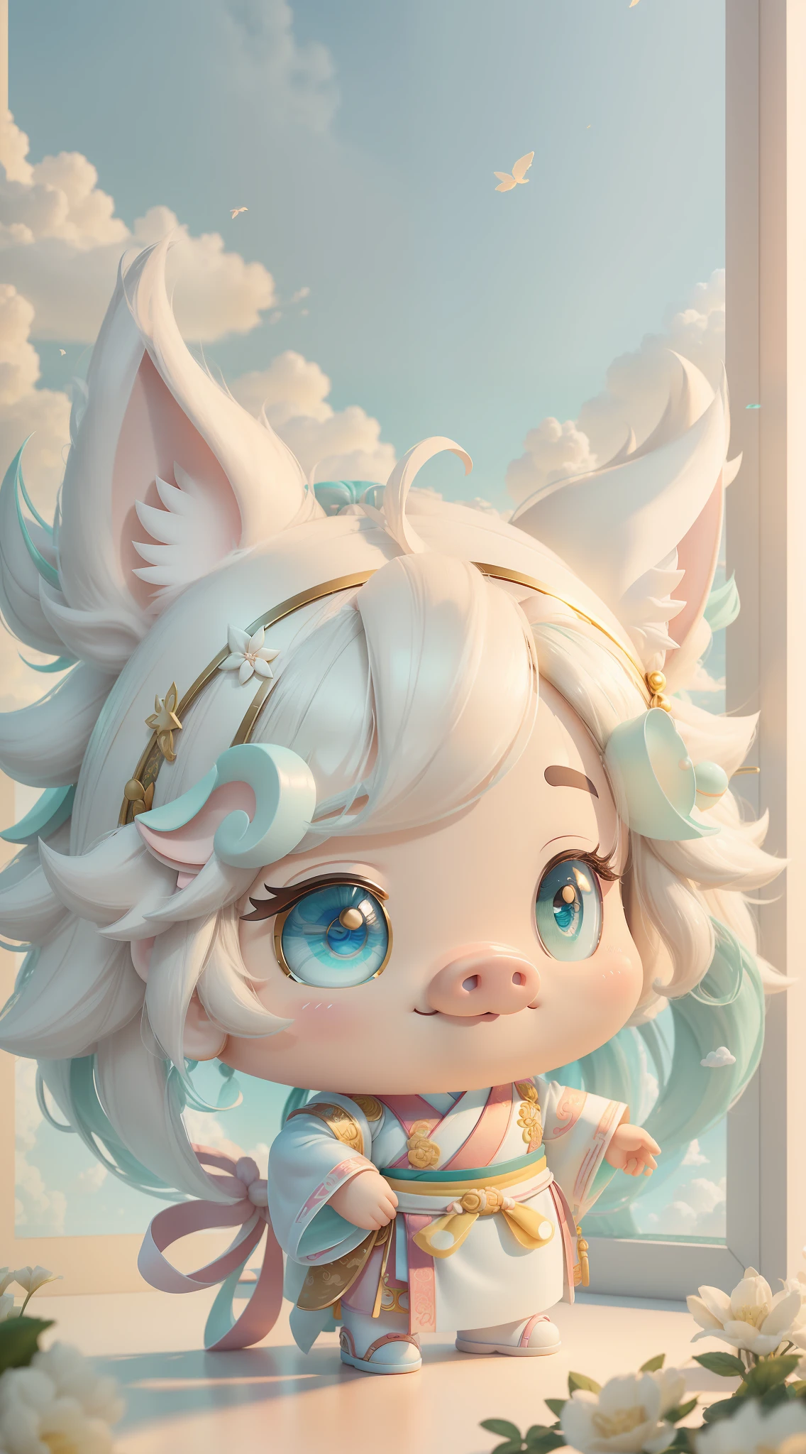 Pig, big ears, happy smile, (wearing Hanfu) furry, fluffy hair, soft ((best quality)), ((masterpiece)), (hair accessory)( extreme detail, highest detail, official art, beauty and aesthetics:1.2), depth of field, composition ( (whole body) ), (chibi), (beautiful and detailed eyes: 1.3), (very happy:1) (light mint green and gradient white), popmart blind box, clay texture, cloud decorative background, natural light, best quality, super detail, 3D Art, C4D, Blender, OC Renderer, 3D Rendering, 8K --auto --s2