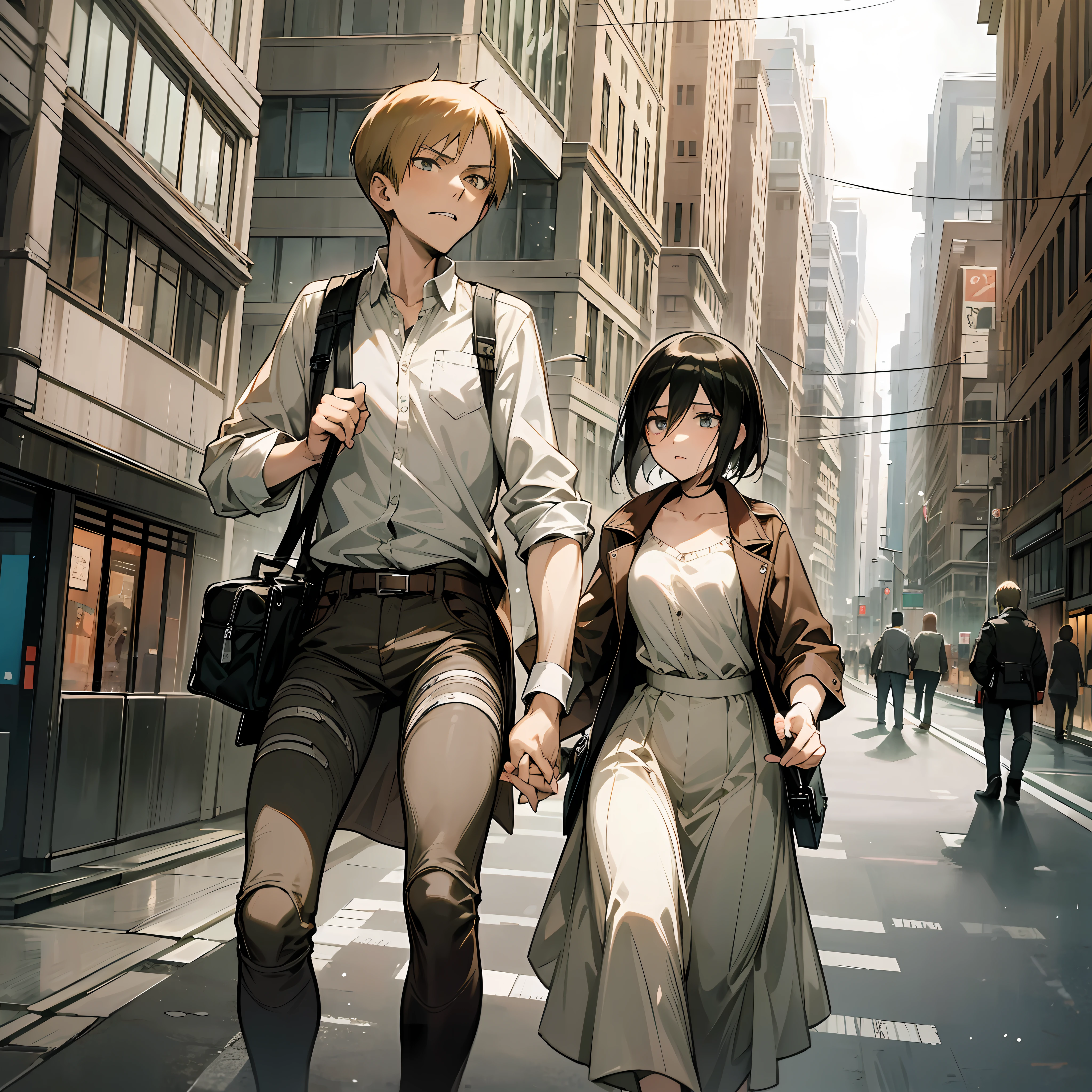 Mikasa Ackerman and Jean Kirstein walking together hand in hand in the city with their baby in the stroller. last chapters of Attack on Titan. Create the scenario couple, Mikasa Ackerman and Jean Kirstein strolling in the city, anime style Attack on Titan