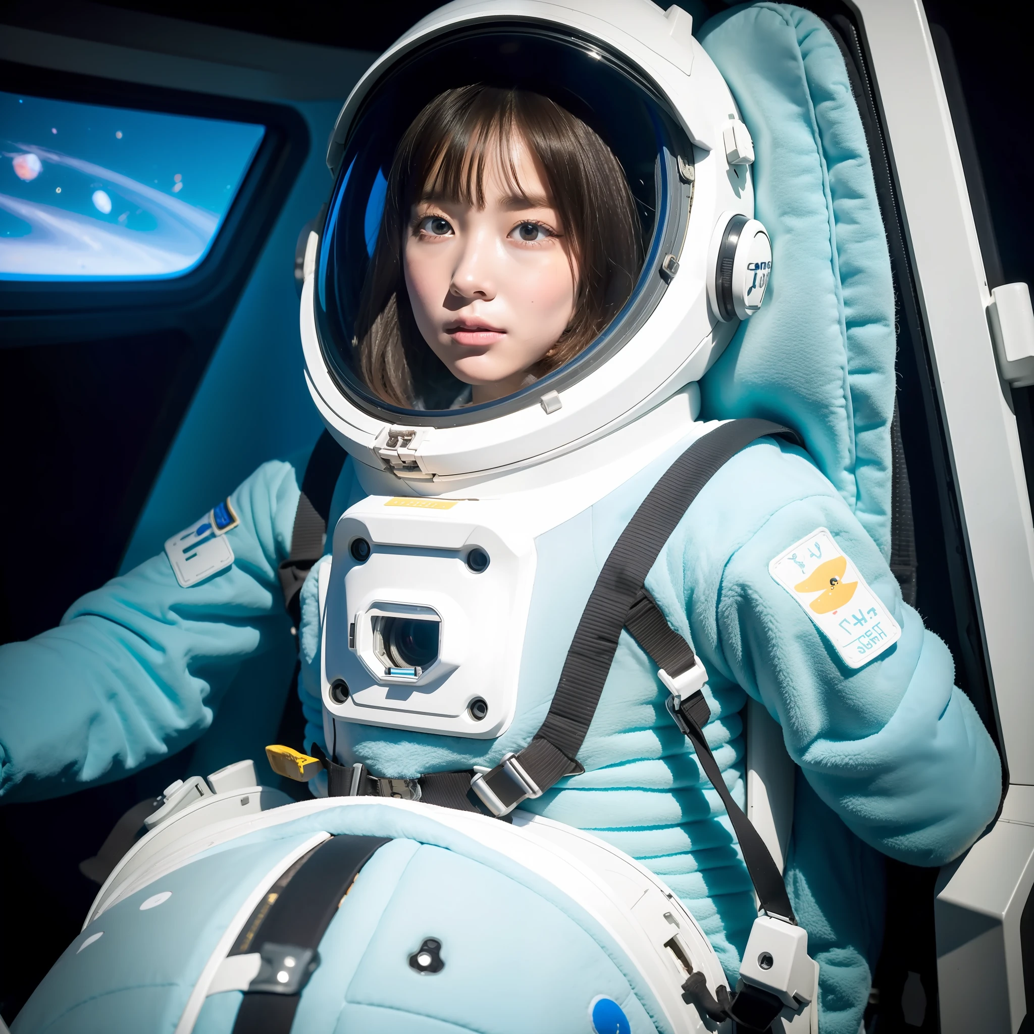 A girl in a spacesuit staring at space in the cockpit of a spaceship. However, in her hand is a fluffy space stuffed animal, which stands out for its cuteness.
