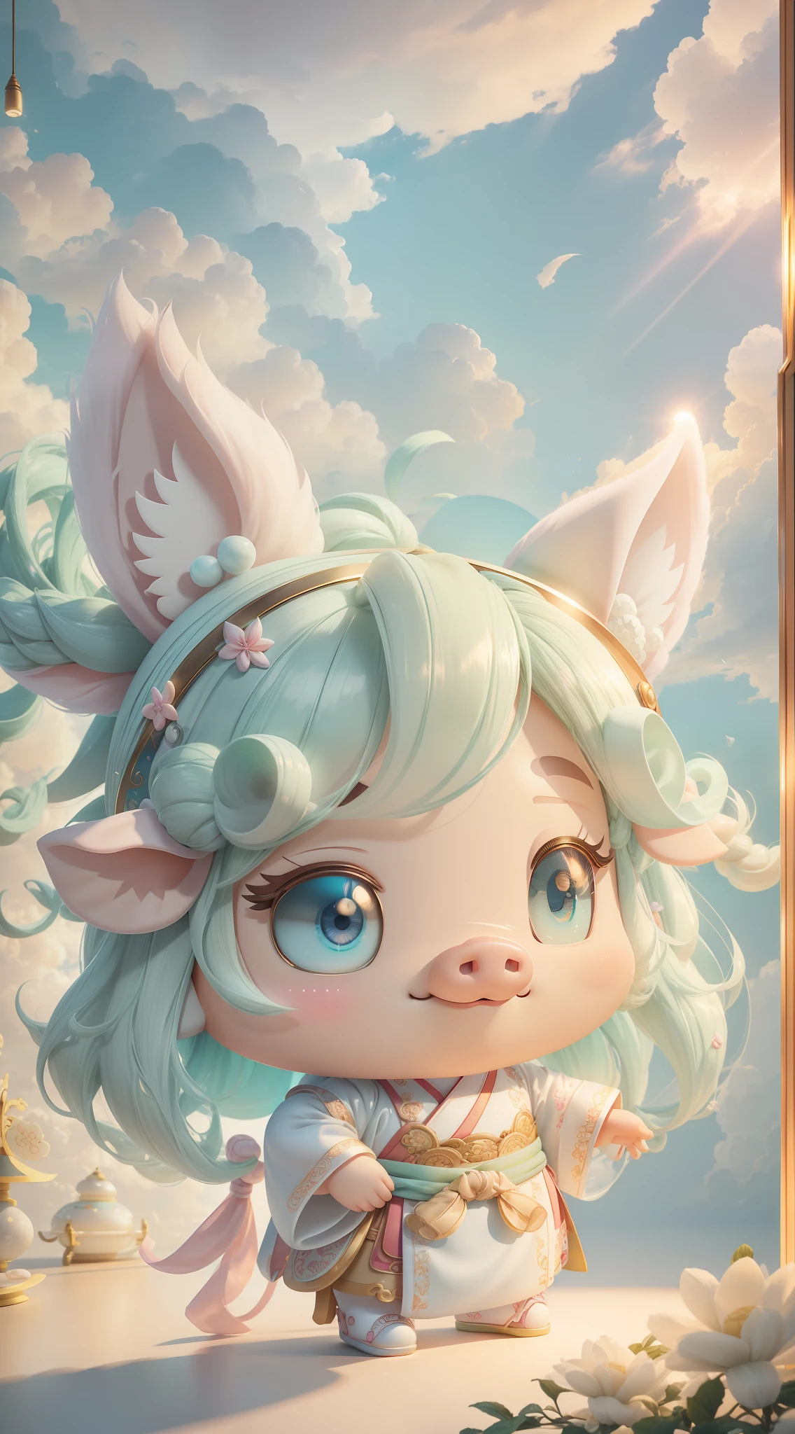 Pig, big ears, happy smile, (wearing Hanfu) furry, fluffy hair, soft ((best quality)), ((masterpiece)), (hair accessory)( extreme detail, highest detail, official art, beauty and aesthetics:1.2), depth of field, composition ( (whole body) ), (chibi), (beautiful and detailed eyes: 1.3), (very happy:1) (light mint green and gradient white), popmart blind box, clay texture, cloud decorative background, natural light, best quality, super detail, 3D Art, C4D, Blender, OC Renderer, 3D Rendering, 8K --auto --s2