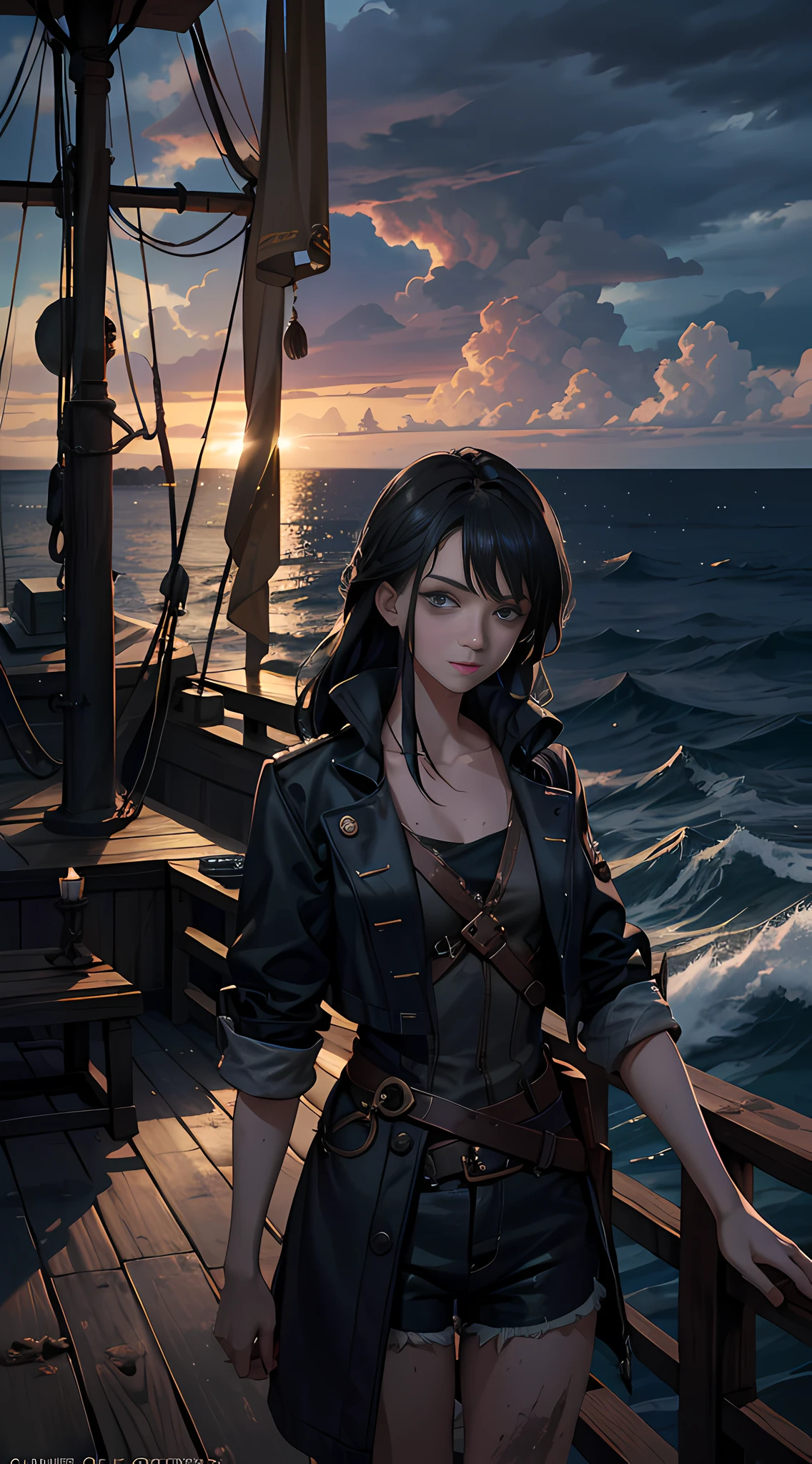 Dramatic lighting, high-quality film stills (charming Anne Bonnie, wearing dirty tattered pirate clothes, standing on the deck of a pirate ship moored in a Caribbean port), dirty, dark atmosphere, toned body, (torn clothes: 0.8), perfect face looking at the audience, [fine skin], [freckles], (dirty), (muddy), (storm cloud: 0.7), (storm weather: 0.5), dim natural light, (Direct light: 0.4), 8mm film grain, shot with Sony a9 II, 24mm lens, f/2.8 aperture, deep focus, (RAW), 8K, (stills from the lost pirate kingdom) (suitable pose)
