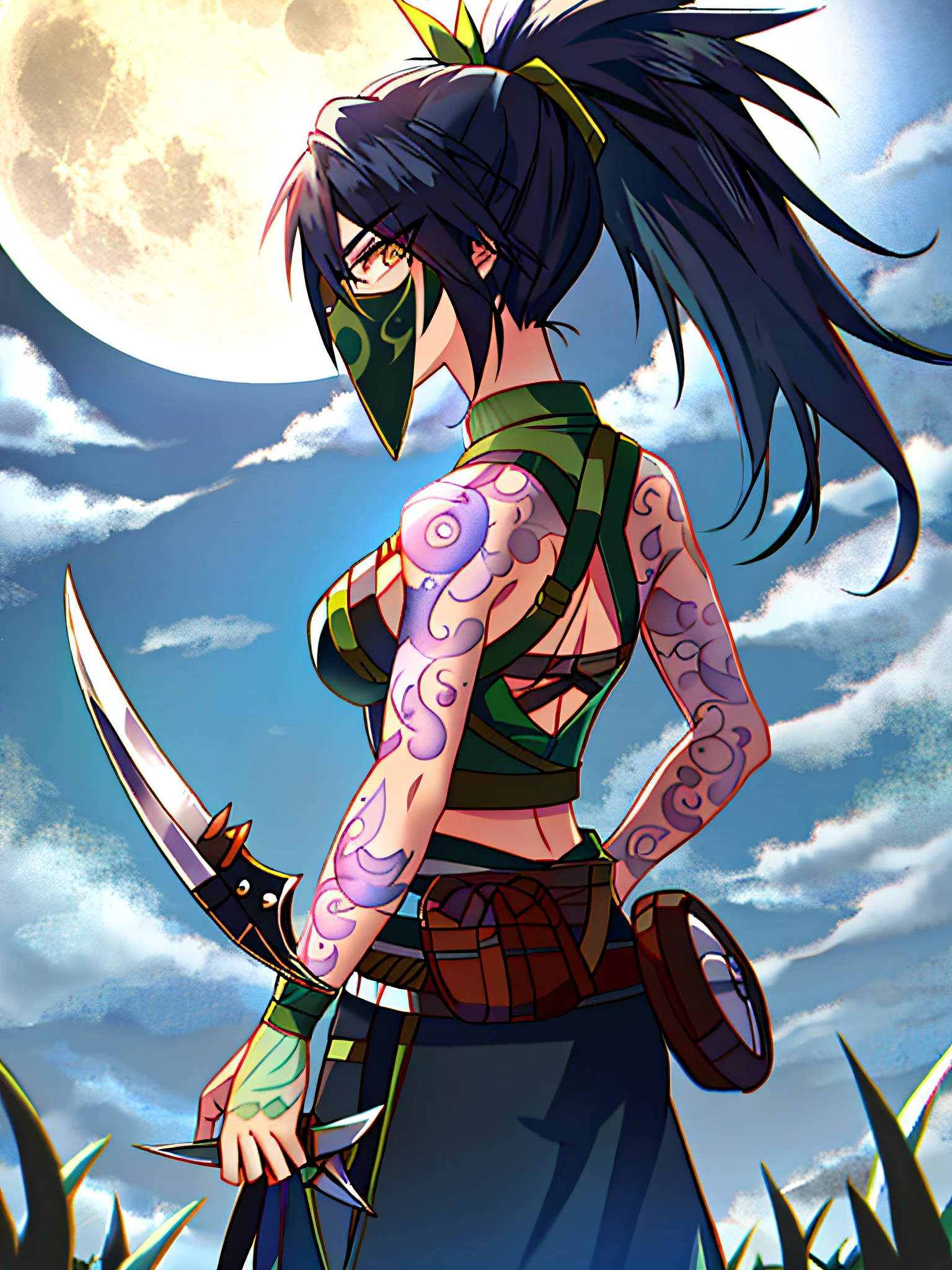 sky, field, grass, akali, alloy of legends, 1girl, arm tattoo, ass, back, back tattoo, backlighting, black hair, breasts, brown eyes, butt crack, choker, dragon tattoo, eyeliner, full moon, kunai, looking at the viewer, makeup, mask, moon, mouth mask, nail polish,, open clothes, ponytail, shoulder tattoo, solo, tattoo with daggers