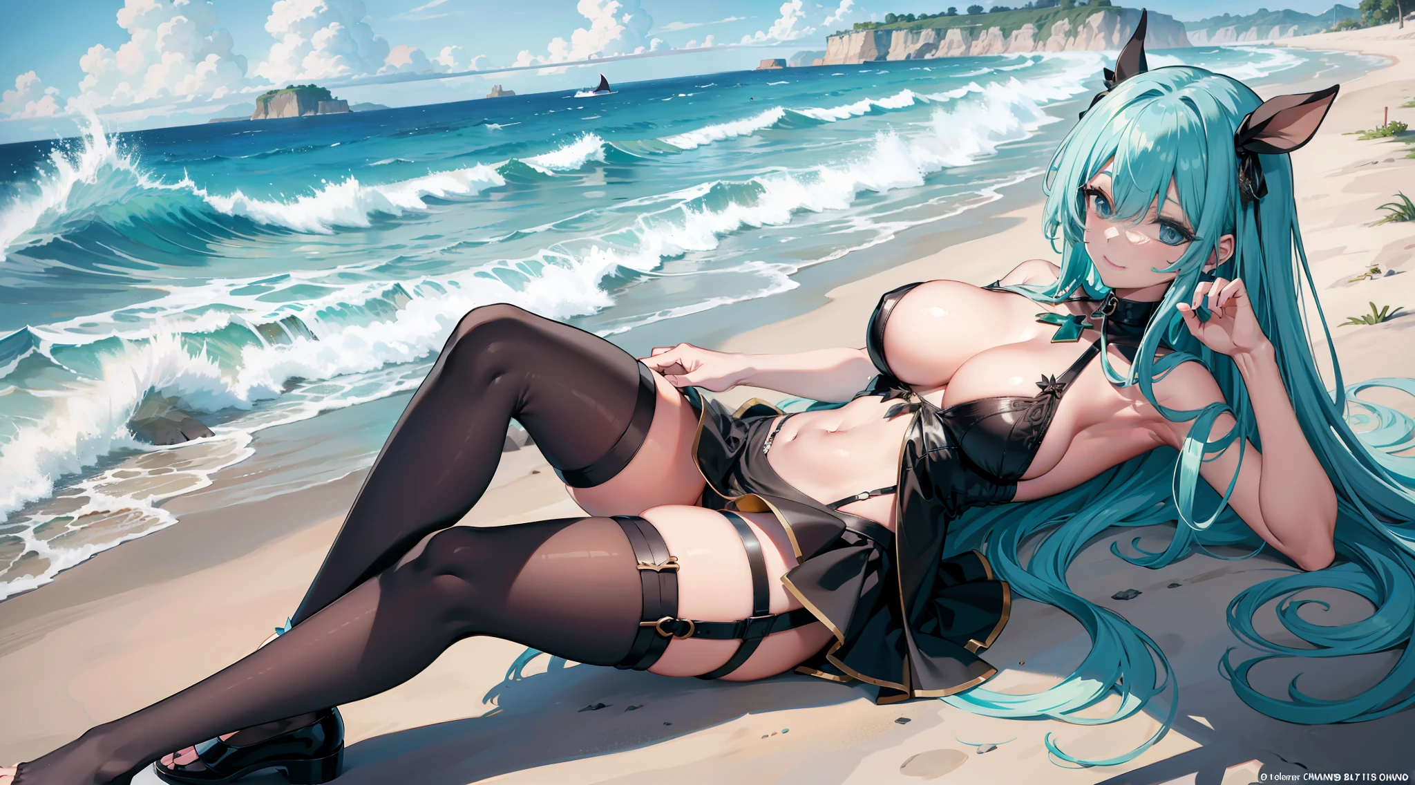 Anime beauty, playing by the sea, big breasts, black transparent stockings, naked herdsman