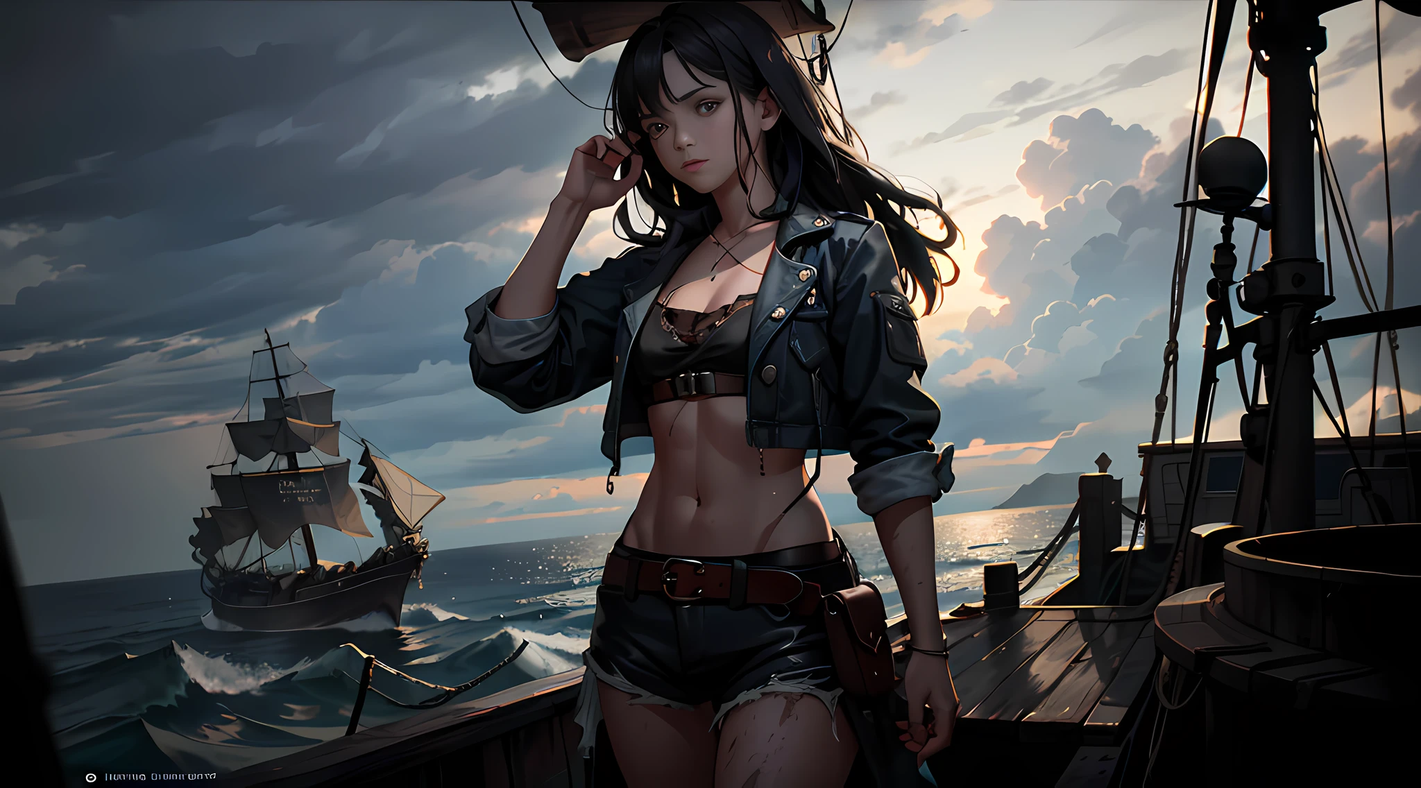 Dramatic lighting, high-quality film stills (charming Anne Bonnie, wearing dirty tattered pirate clothes, standing on the deck of a pirate ship moored in a Caribbean port), dirty, dark atmosphere, toned body, (torn clothes: 0.8), perfect face looking at the audience, [fine skin], [freckles], (dirty), (muddy), (storm cloud: 0.7), (storm weather: 0.5), dim natural light, (Direct light: 0.4), 8mm film grain, shot with Sony a9 II, 24mm lens, f/2.8 aperture, deep focus, (RAW), 8K, (stills from the lost pirate kingdom) (suitable pose)