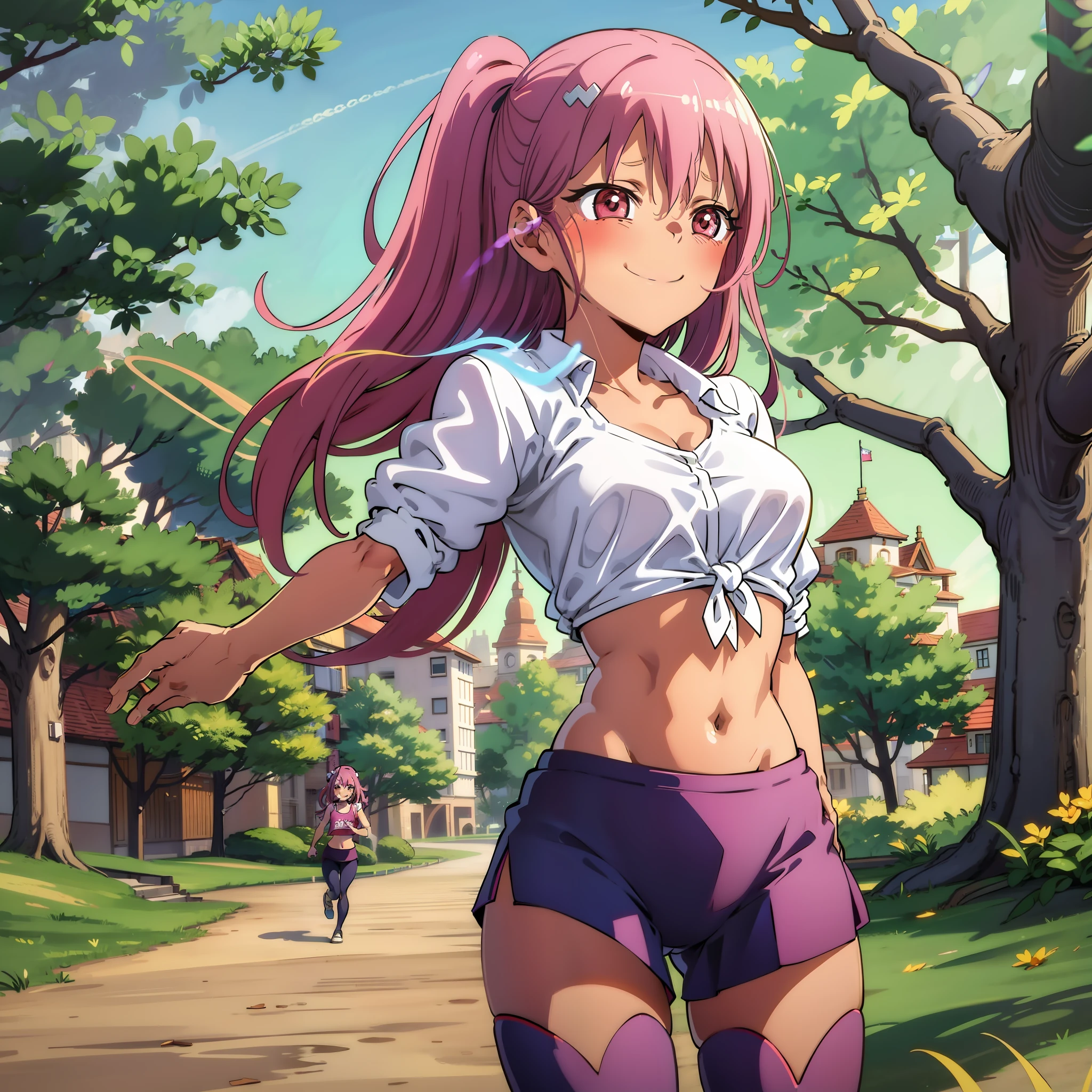 ****, pink hair, small waist, small bust, big thighs, leggings, tied hair, smile, running in the park, small top,{ high quality, high definition}