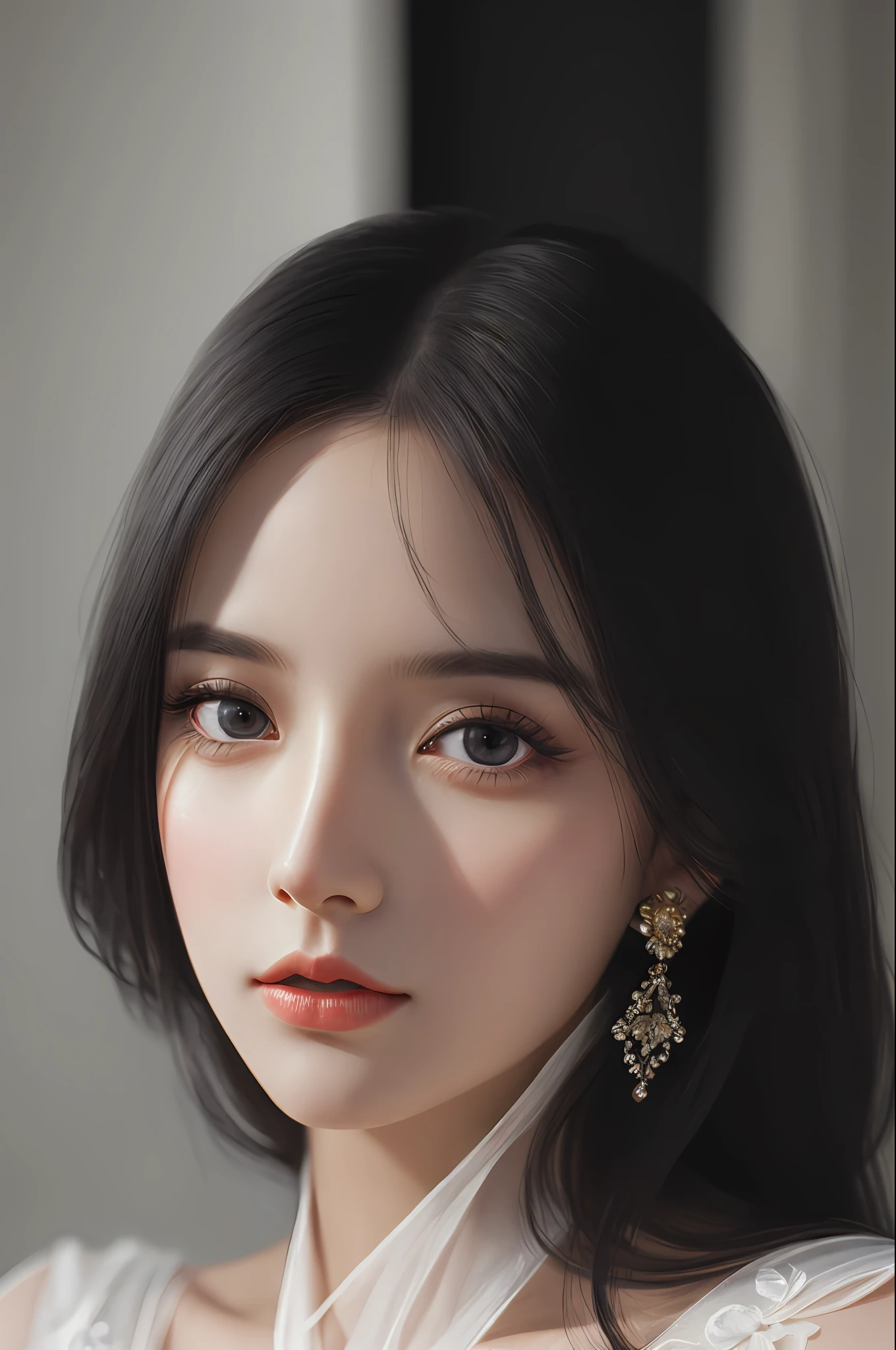 Very detailed eyes, very detailed face, very beautiful woman, best quality, super detailed (photorealistic), very delicate and beautiful legs, beautiful black eyes, absurdity, very detailed facial expression, professional illustration, shy