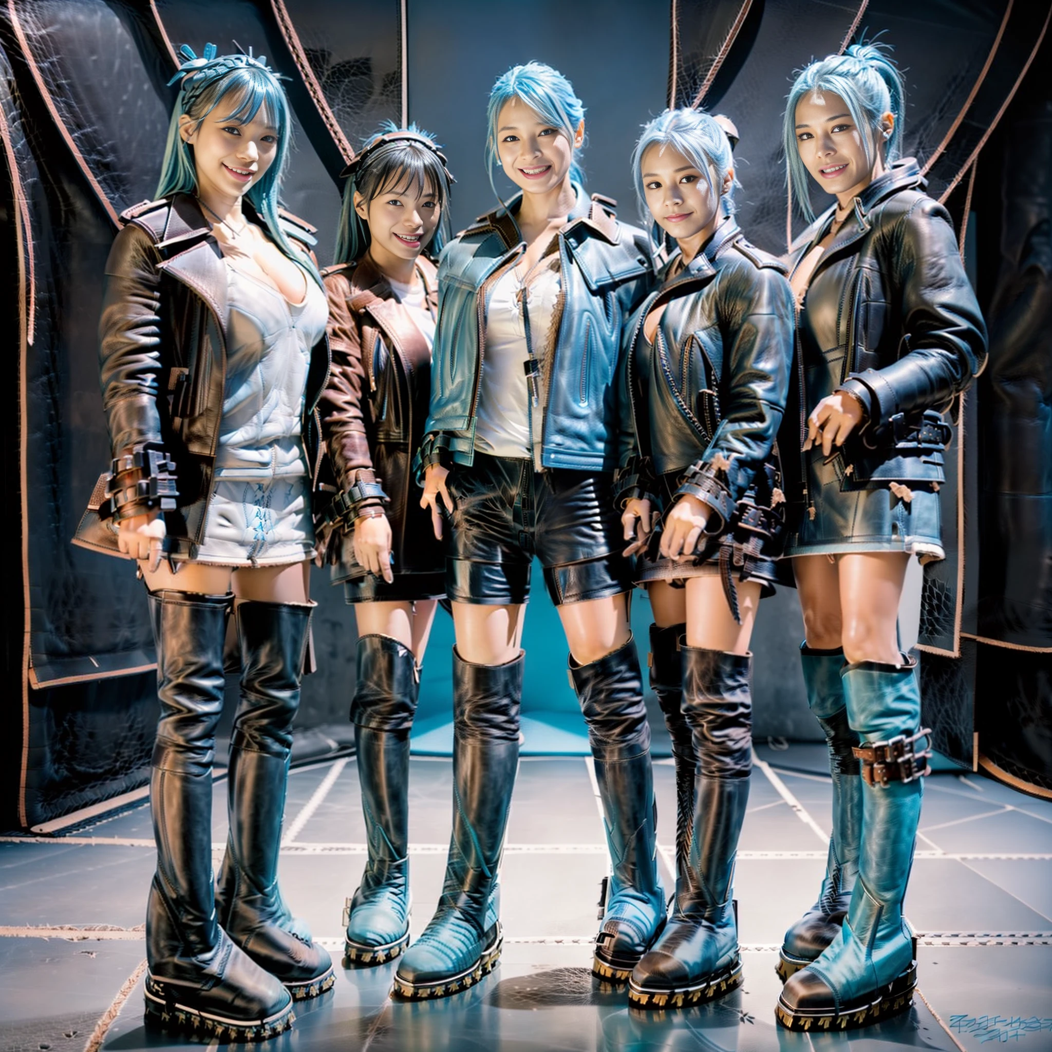 ((((7+girls)))), ((All Light Blue Leather Fashion))))), (Masterpiece)))), (Highest quality))))(16K)))), (Detailed description)))), (High contrast)))))), (Japan people), ())), 18 years old, ( Carefree smile))), ((Boyish)))), ((Erotic)))), (gigantic)))), ((Super big breasts))))), (Looking at the camera), (Full body)))), (Light blue hair)))))), (Riders Jacket)))), (Leather pants) )))), (((((((Leather Boots)))))), ((Standing))))), ((Professional Lighting))))), (Natural Light), (Tokyo)