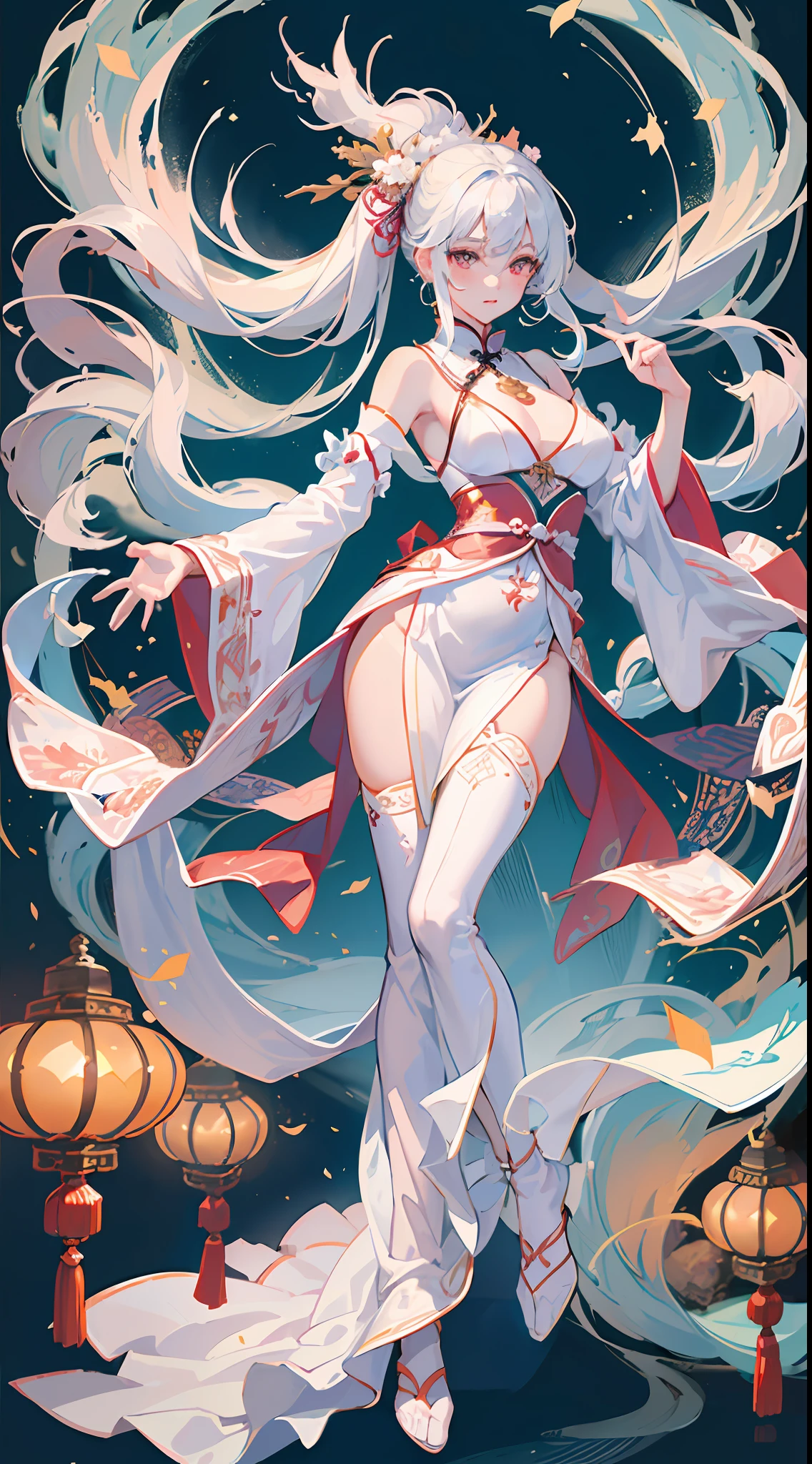 ((High-quality CG, Chinese painting style), (one woman), full body picture, white clothes fairy dancing in the magnificent sky, beautiful and gorgeous posture, beautiful appearance like a flower, dressed in white, like the first bloom of snow lotus, eyes shining with happiness, full of light, brilliant magic array surrounding, containing oriental aesthetics, gorgeous fairy clothes, exquisite posture, long hair like a waterfall, white light flashing, dreamy clouds, ink picture atmosphere is calm. --auto --s2