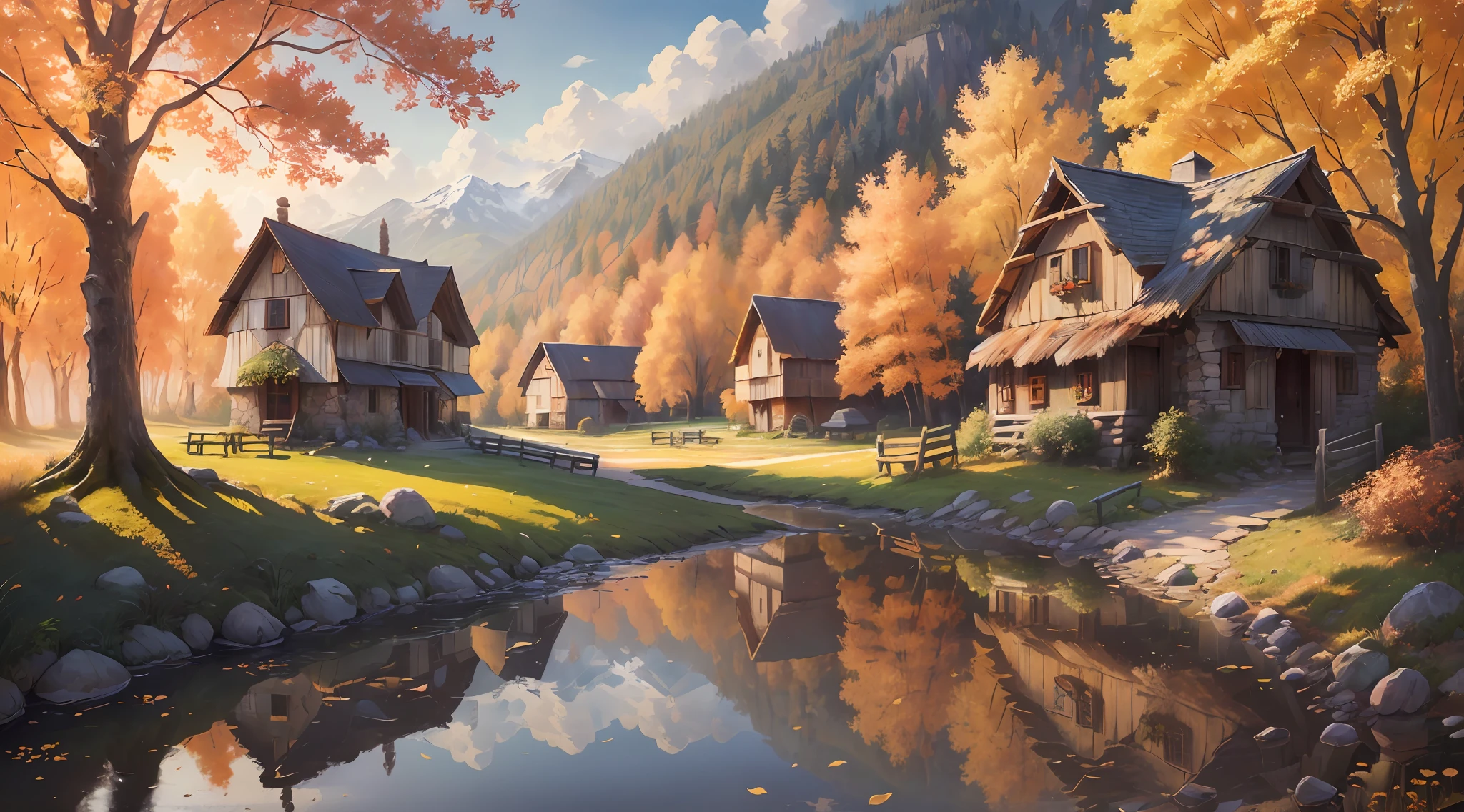 (extremely detailed and high quality), scenic natural landscape, village, rustic charm, (an artist waiting), (detailed landscape), (plein-air), high definition, very colorful environment, calm and serene, beautiful soft light filtering through the trees, autumn.