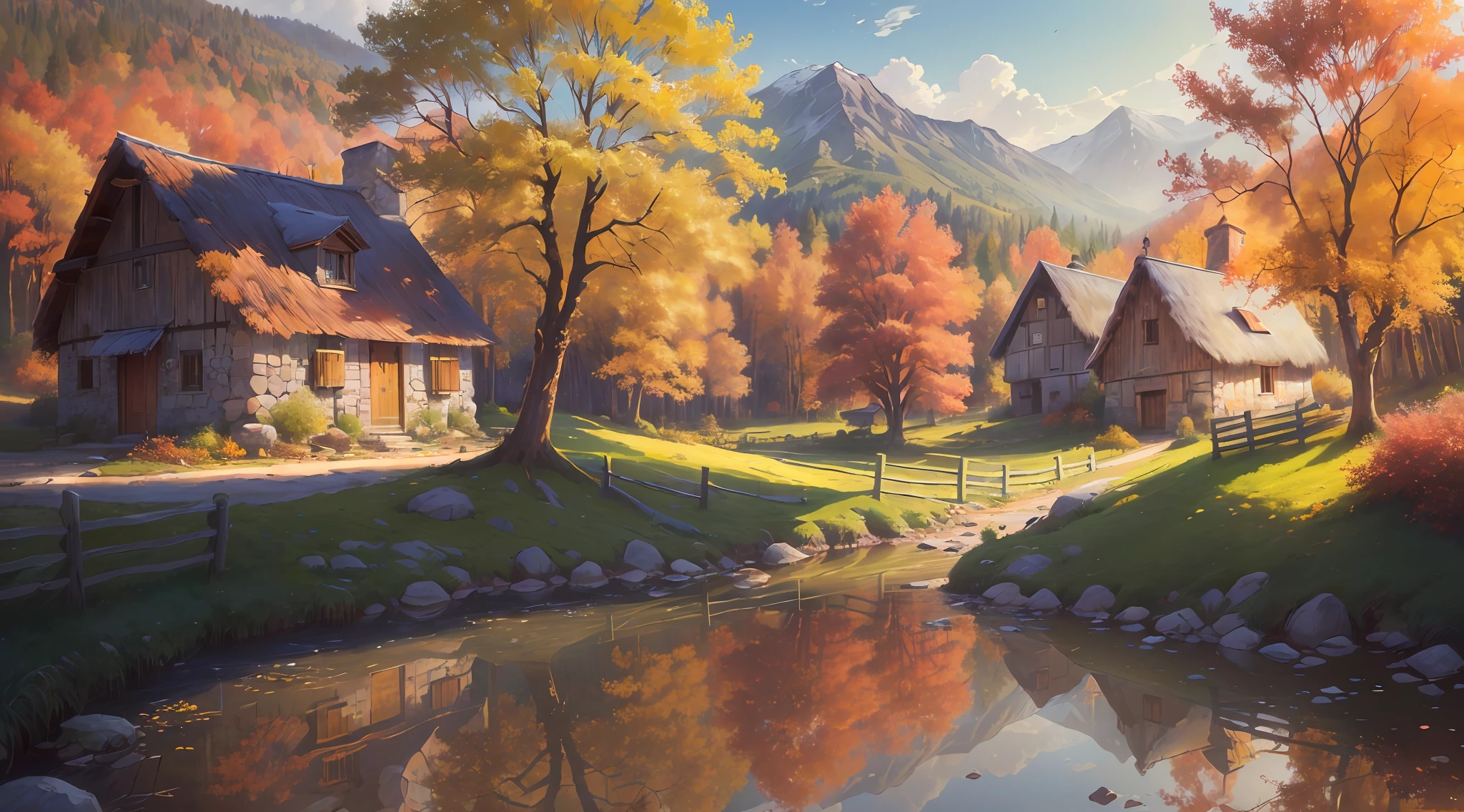 (extremely detailed and high quality), scenic natural landscape, village, rustic charm, (an artist waiting), (detailed landscape), (plein-air), high definition, very colorful environment, calm and serene, beautiful soft light filtering through the trees, autumn.