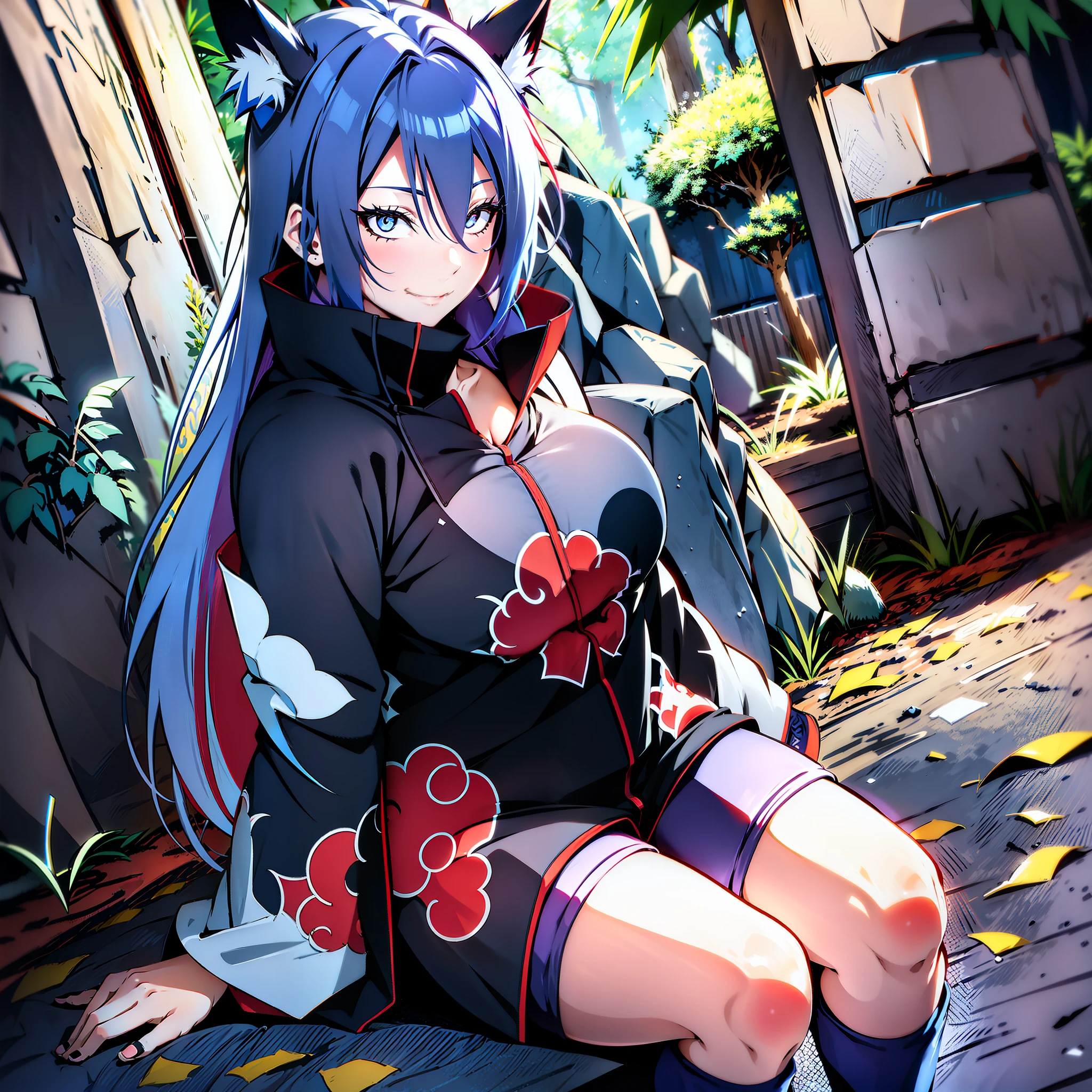 akatsuki outfit, 1girl, big boobs, smile, short, chubby, full body, long blue hair, upper blue hair, chained lower red hair, blue fox ears, blue fox tail, big bust, grey eyes, grey pupils, purple kimono, black knee length shorts, scanned, , Hedda Sterne