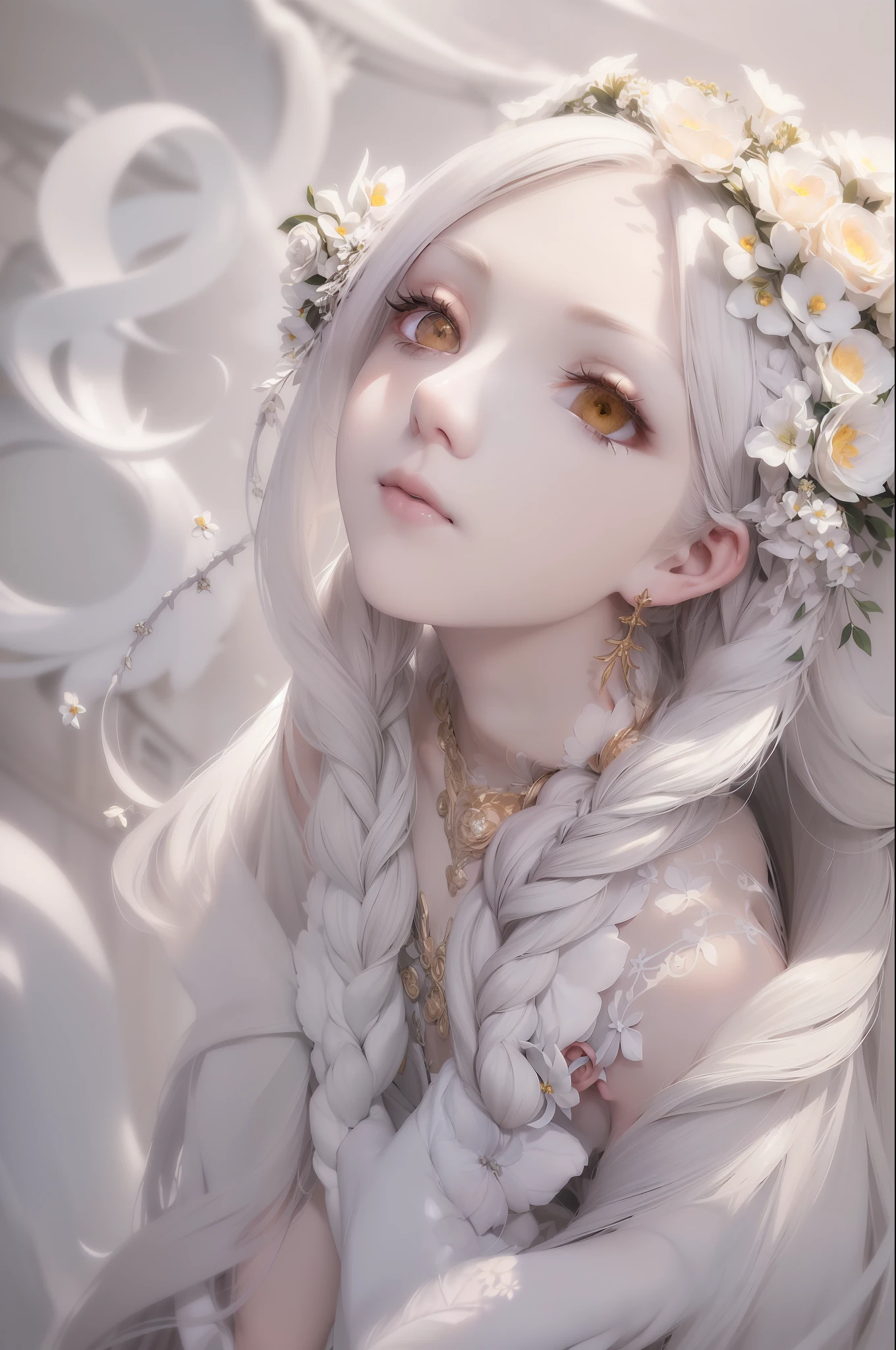 (((Superb Masterpiece))), Gray Hair, ((Golden Eyes), ((Delicate Gothic White), ((Looking Up)), Upper Body, ((Hair)), ((Fair Skin)), Side Braids, ((Flower-filled Prairie)), Sunny