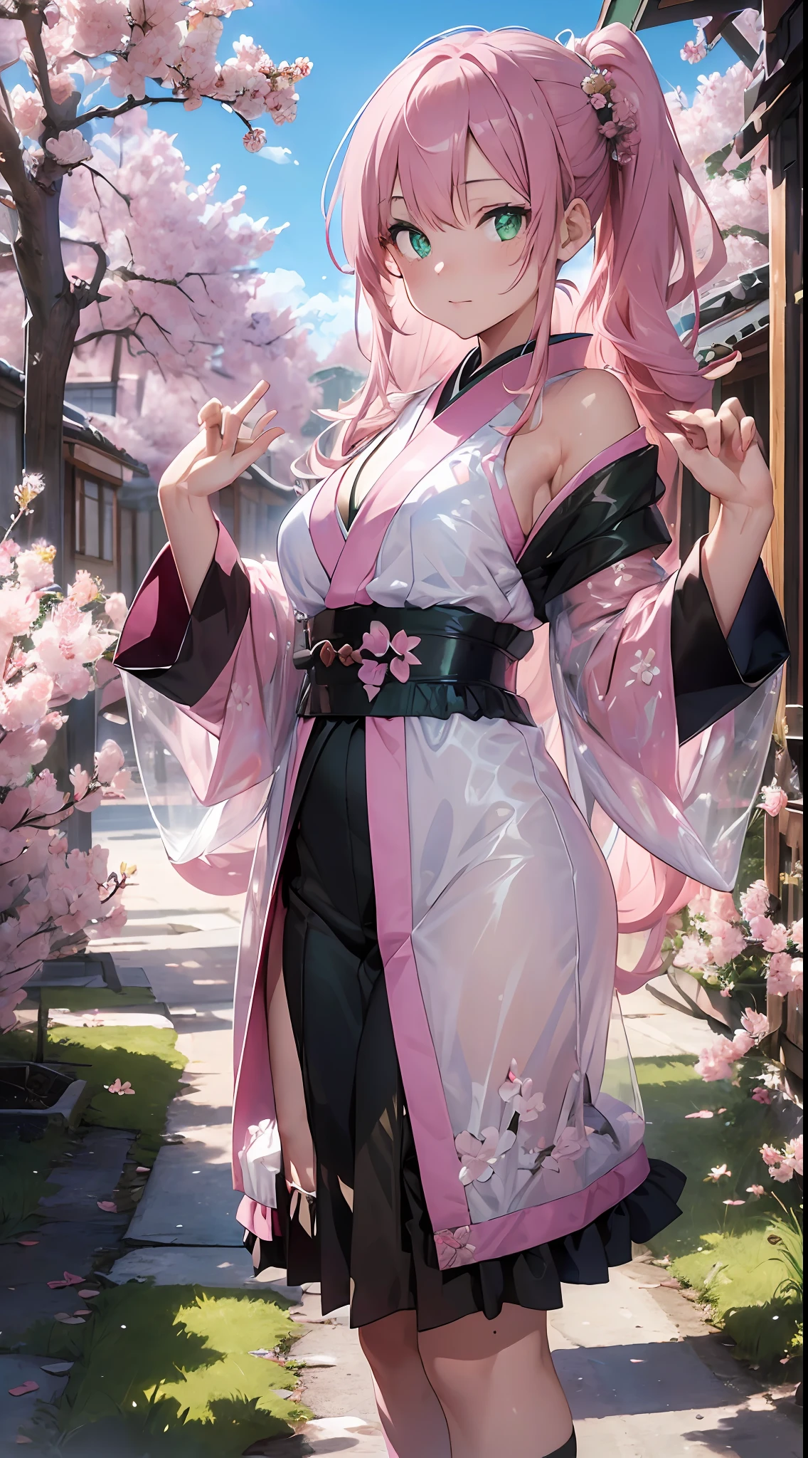 (((Masterpiece))), Morganite Gemstones. (super detailed, top quality, high resolution, 8k wallpapers, beautiful clothes), full body (one girl) (pink hair, long hair, straight hair, both sides up)) (((green eyes)), eyeshadow, eyeliner, glowing eyes, ultra-detailed eyes, complex eyes, beautiful eyes, (shining pink pupils)) 18 years old. Wearing a transparent jacket made of PVC material. Wearing a kimono. Exposed shoulders. Ninja pose. Cherry blossom scenery
