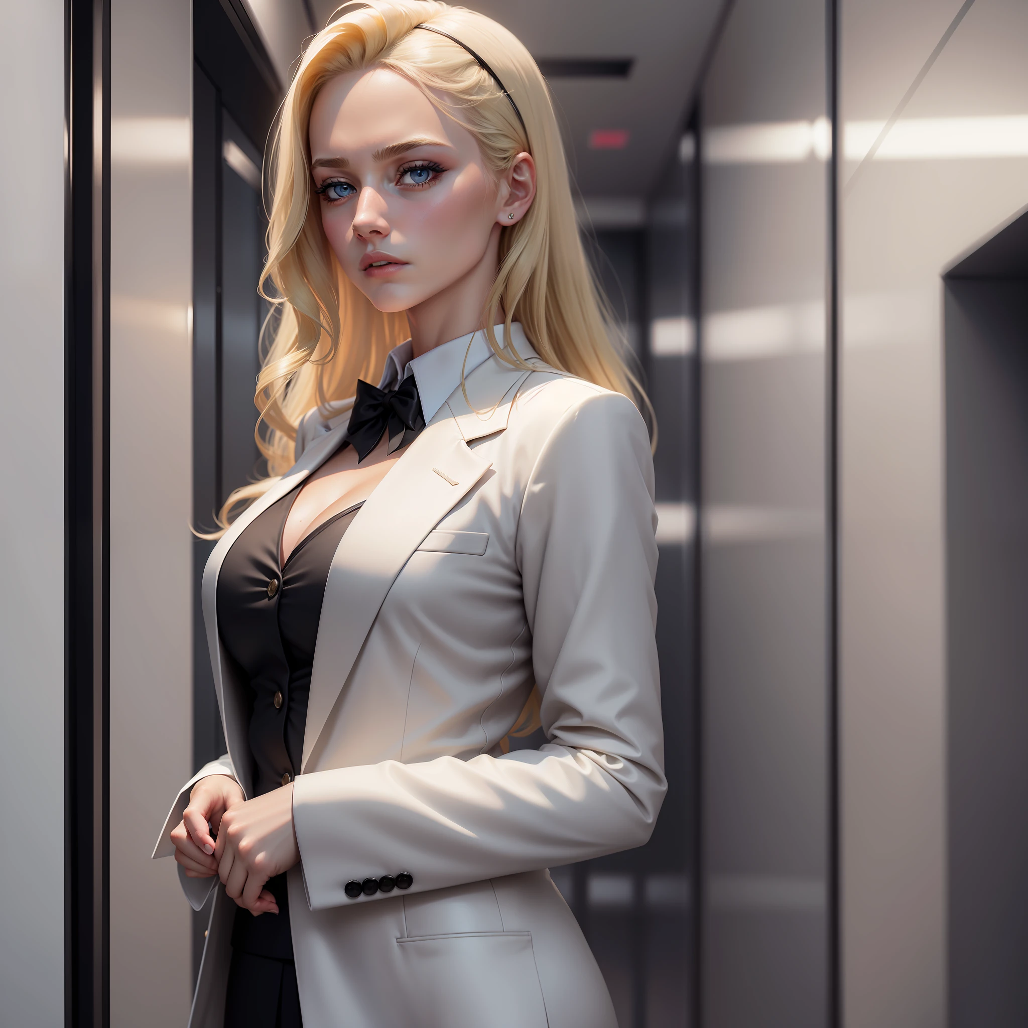 Ultra realistic image of a beautiful blonde woman, light eyes, dressed in a formal ensemble with a white blazer with black details, standing in an elevator, upset expression