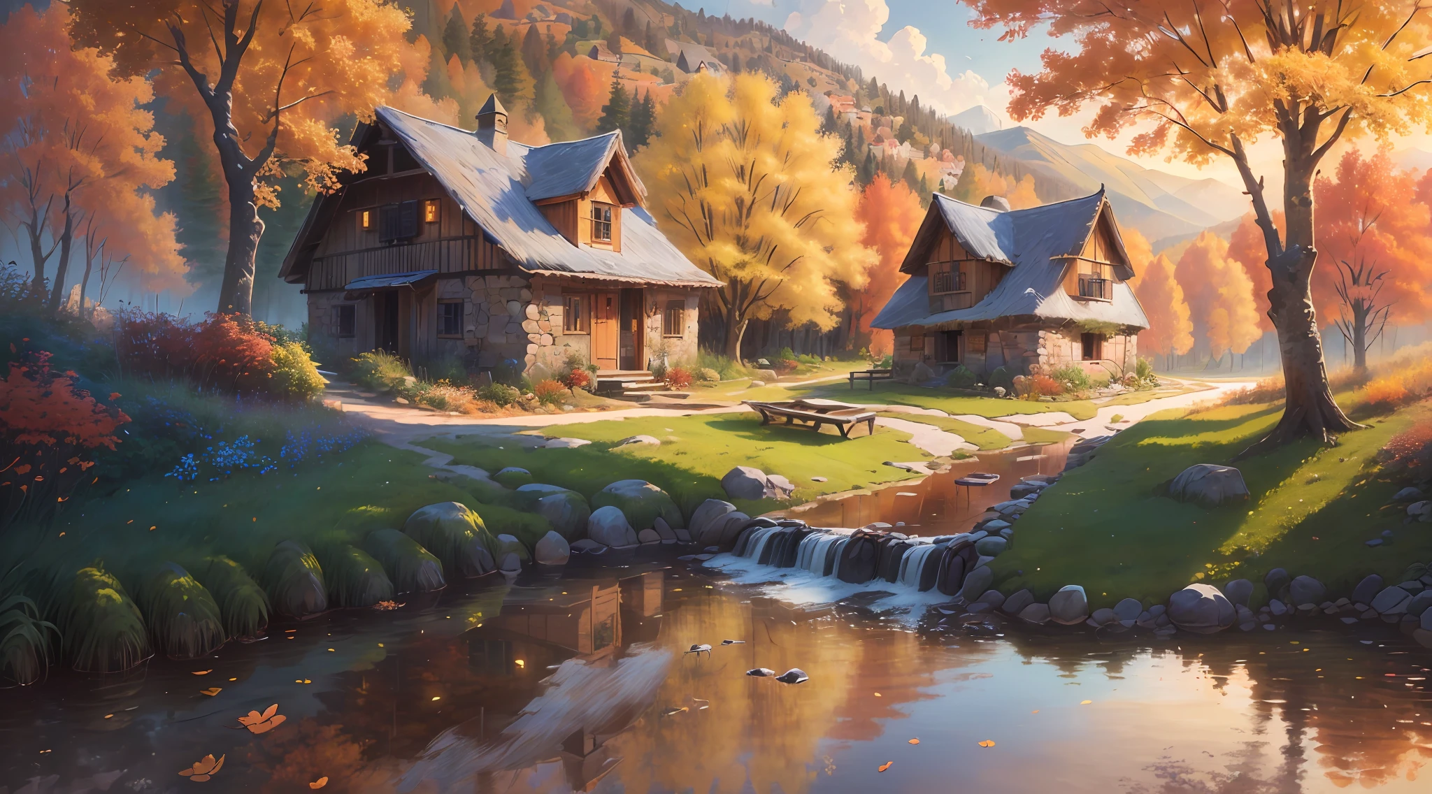 (extremely detailed and high quality), scenic natural landscape, village, rustic charm, (an artist waiting), (detailed landscape), (plein-air), high definition, very colorful environment, calm and serene, beautiful soft light filtering through the trees, autumn.