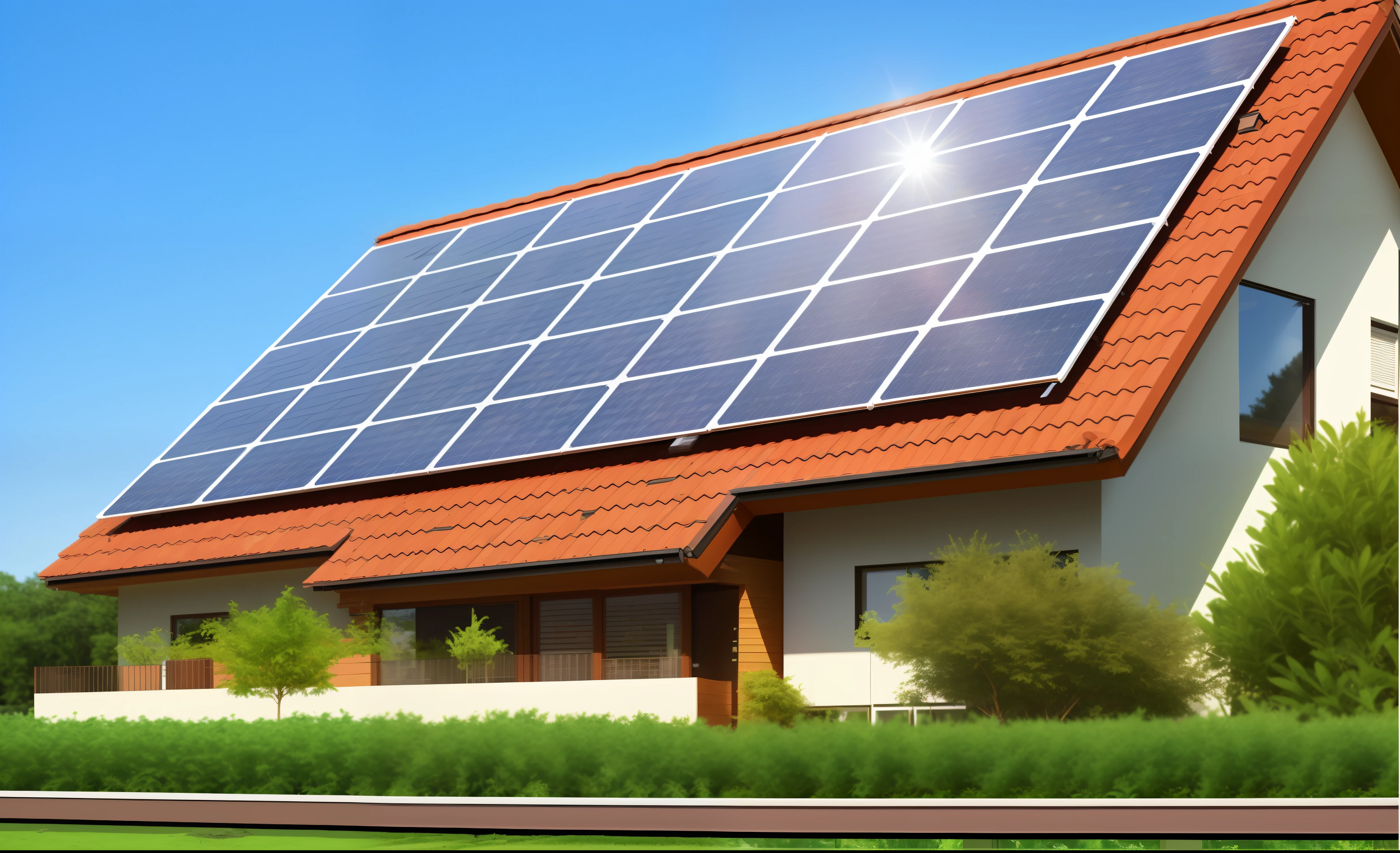 a house with solar panels on the roof and a red tiled roof, rooftop solar panels, solar power, solar panels, solar powered, solar, by Xul Solar, renewable energy, covered solar system, roof with vegetation, profile pic, sun is shining, passive house, the sun is shining, very sunny weather, green energy, sunny day time, sunny environment