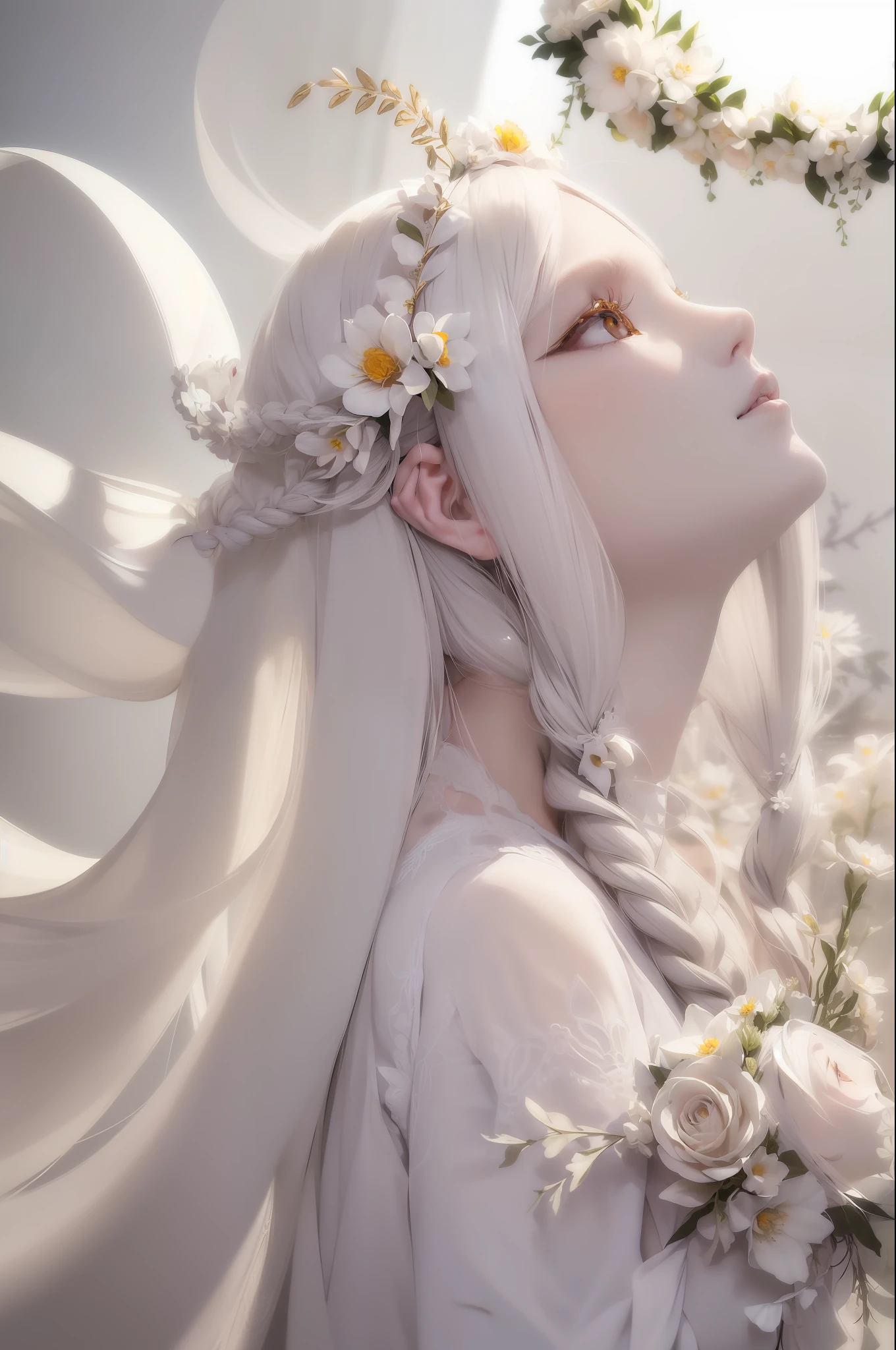 (((Superb Masterpiece))), Gray Hair, ((Golden Eyes), ((Delicate Gothic White), ((Looking Up)), Upper Body, ((Hair)), ((Fair Skin)), Side Braids, ((Flower-filled Prairie)), Sunny