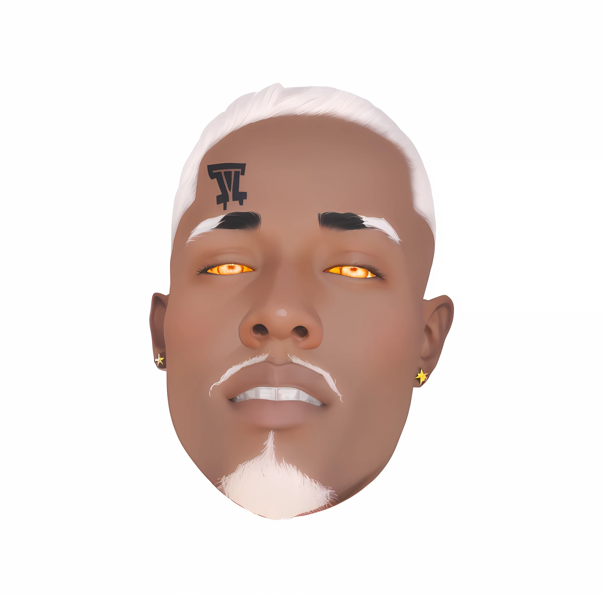 A 14-year-old with a detailed tattoo on him, brown skin color, 8K resolution, white hair, mustache and white goatee, with detailed bright red eyes and earrings on bright red crystal ears, and studded silver teeth, age 1 to 18 years, GTA San Andreas style