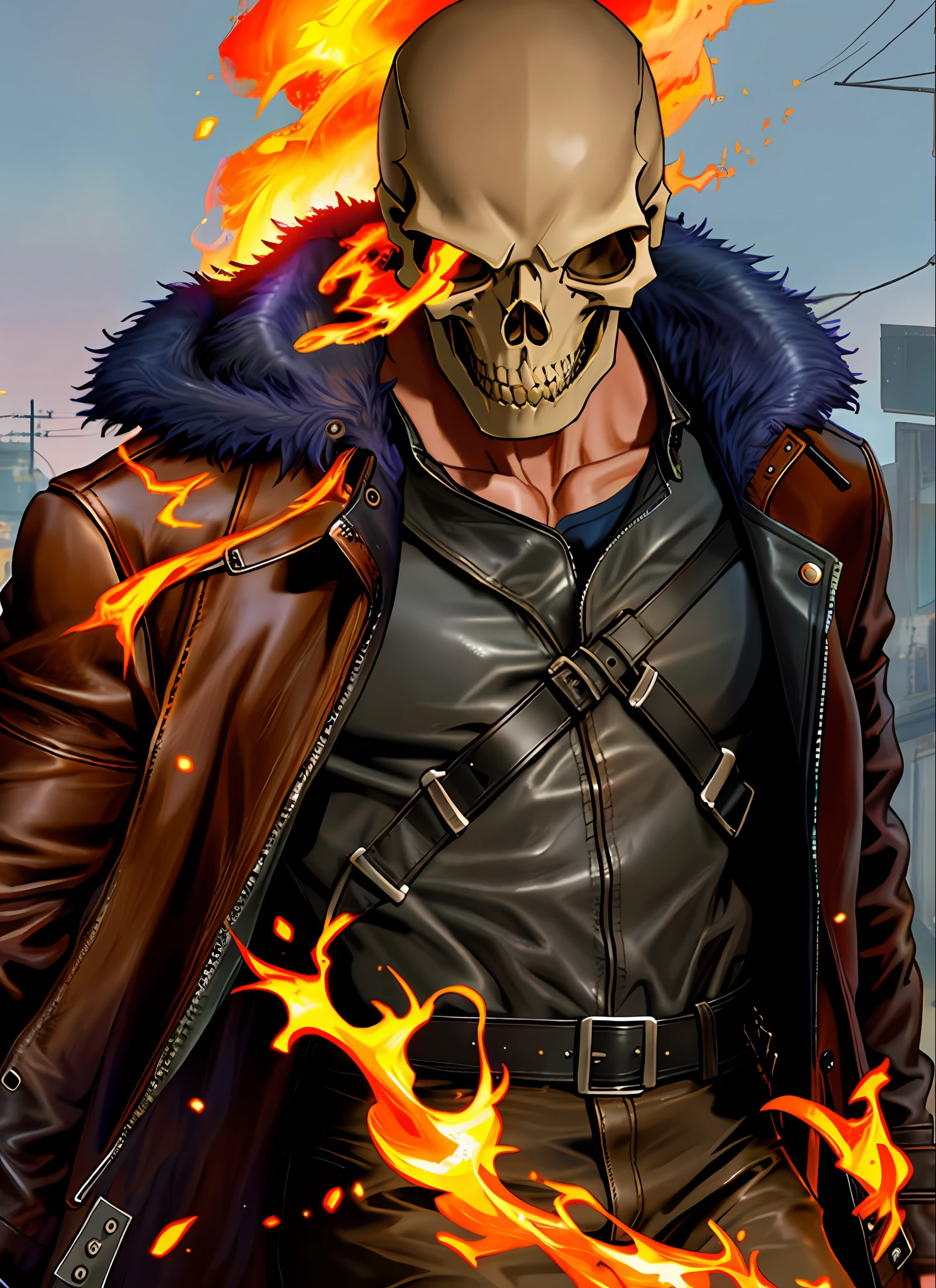 (8k realistic), (Hdr), (high resolution), masterpiece, best art of all, skull, skull on fire, man with skull head on fire, (leather coat:1.3)